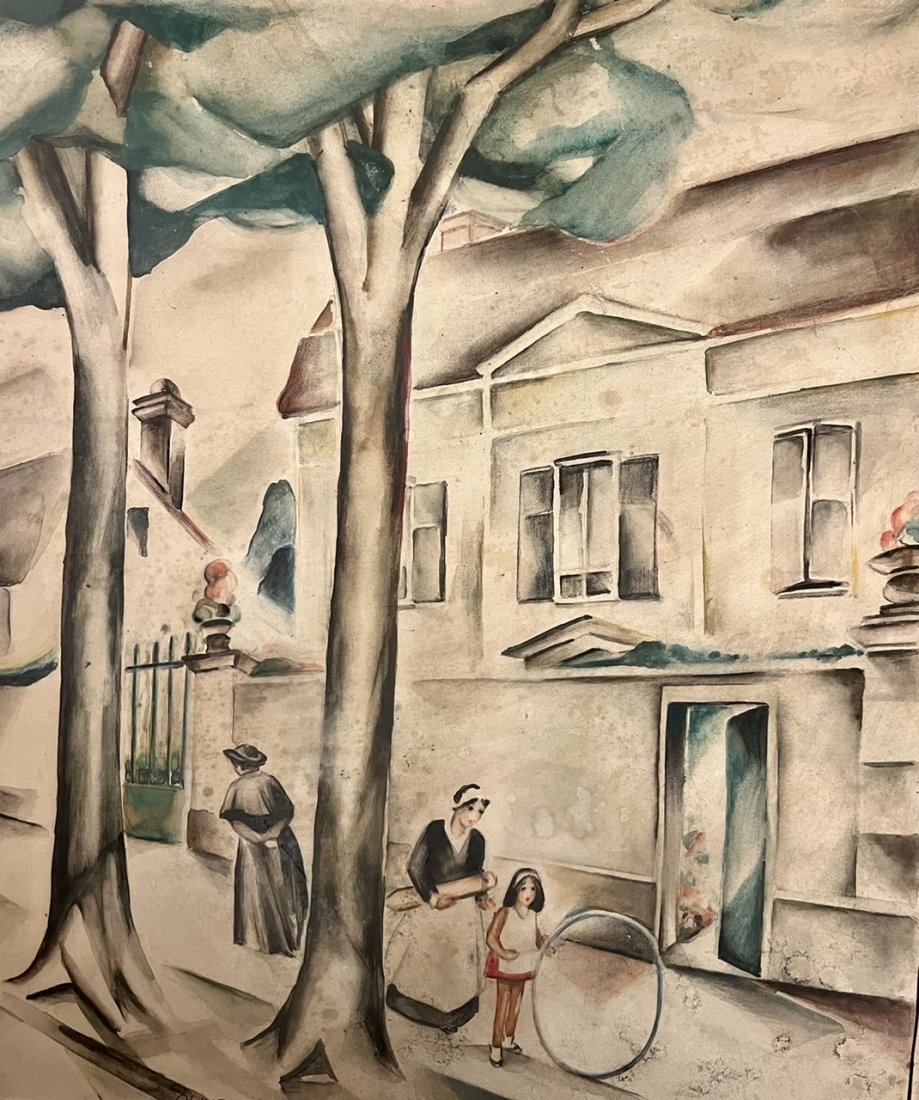 Antique American Impressionist watercolor: From a restorers estate, this watercolor, 19 1/2 x 15 1/2", needs some love, but with some tender care it is an amazing early work depicting Fontainbleu, France. Olive Stoner was a early 20th Century 
