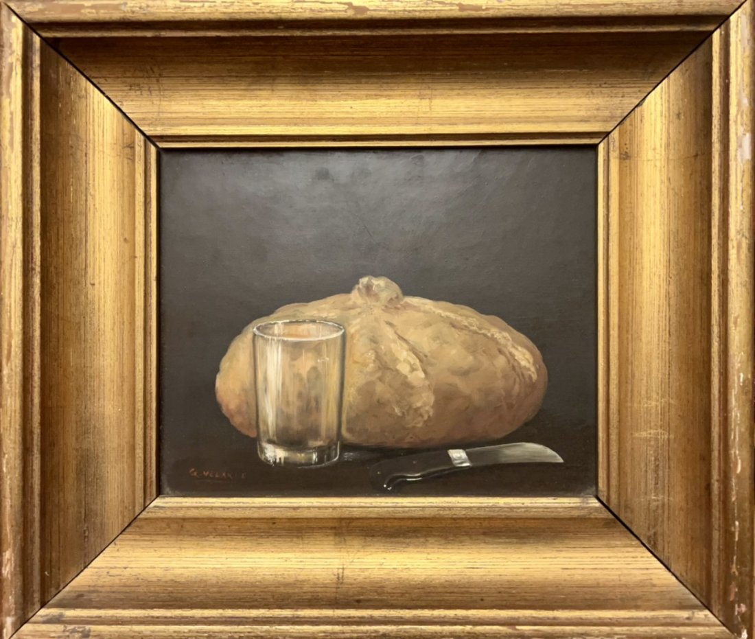 Antique Vintage Still-Life painting: A nice still-life on Masonite signed illegibly. It looks to be Spanish or Mexican. The size of the oil on Masonite is 11 x 9" and 15 1/2 x 13 1/2"