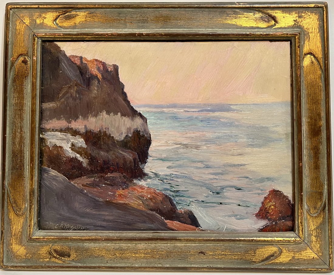 Antique Oil Painting: Antique American impressionist seascape oil painting by Edward Reynolds Kingsbury (1855 - 1940). Oil on board. Period giltwood frame. Signed. Image size 12 by 16