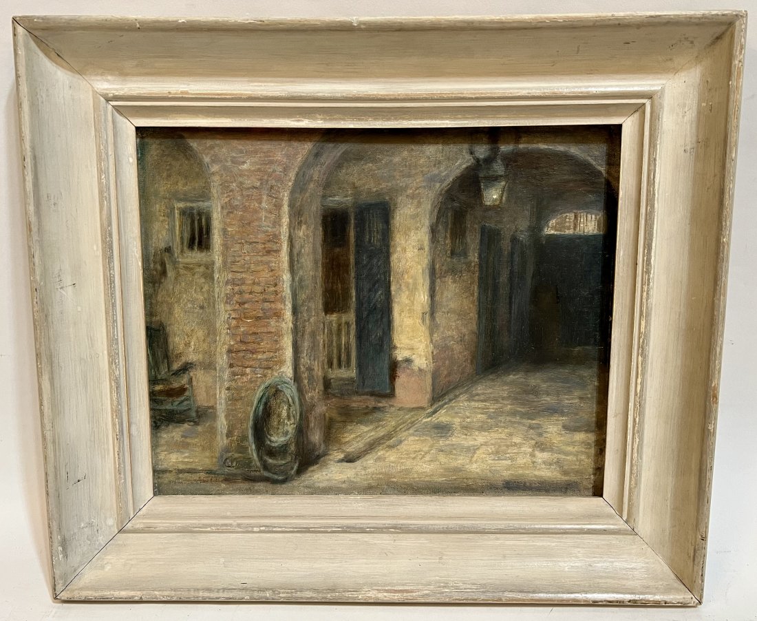 Royal Street New Orleans Cityscape Oil Painting Framed: Antique American impressionist oil painting of the House of Artists in New Orleans Louisianna. Oil on board. Framed. Label verso. Image size 10 by 13