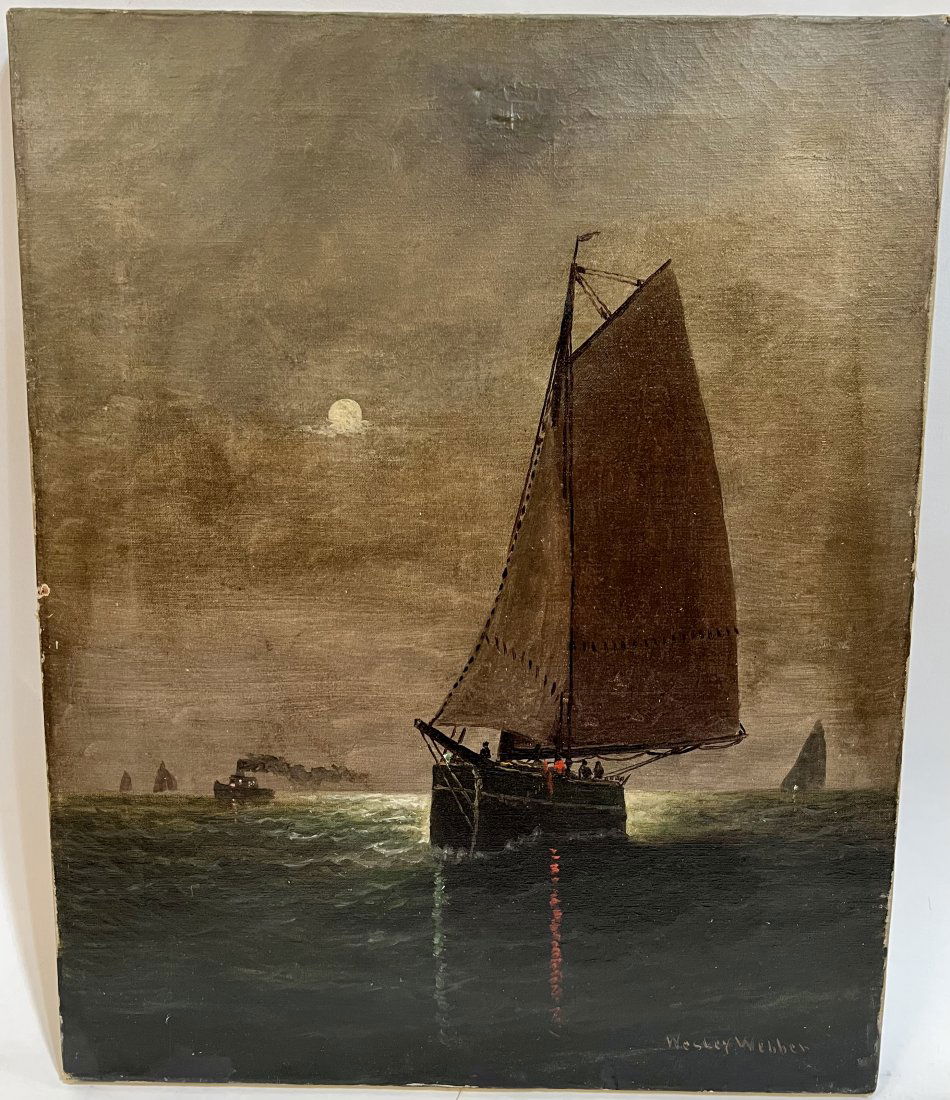 Antique Moonlit Nocturnal Seascape Oil Painting W Weber (1 of 6)