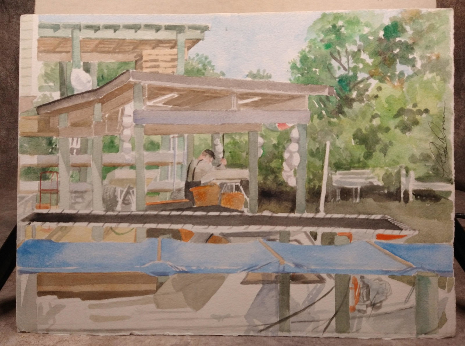 (2) Pair of Vintage American Impressionist watercolors still-life and boat builder signed (1 of 4)