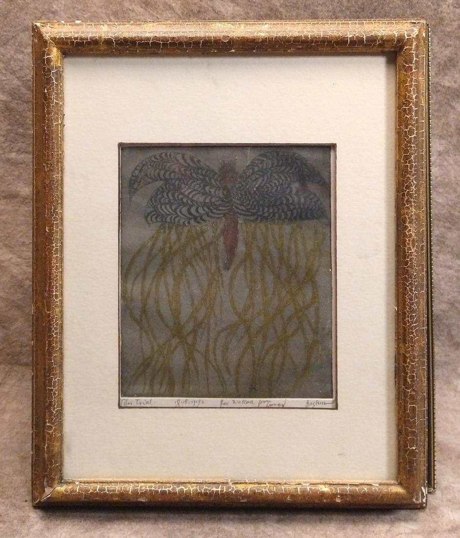 Leonard Baskin American Arrtist Rare Abstract Colored Etching: Leonard Baskin American Artist Rare Abstract Colored Etching, Color Triasl, 1992, signed, 6 x 5", 11 3/4 x 9 1/2" framedA highly respected draftsman, printmaker, teacher, and sculptor, Leonard Baskin
