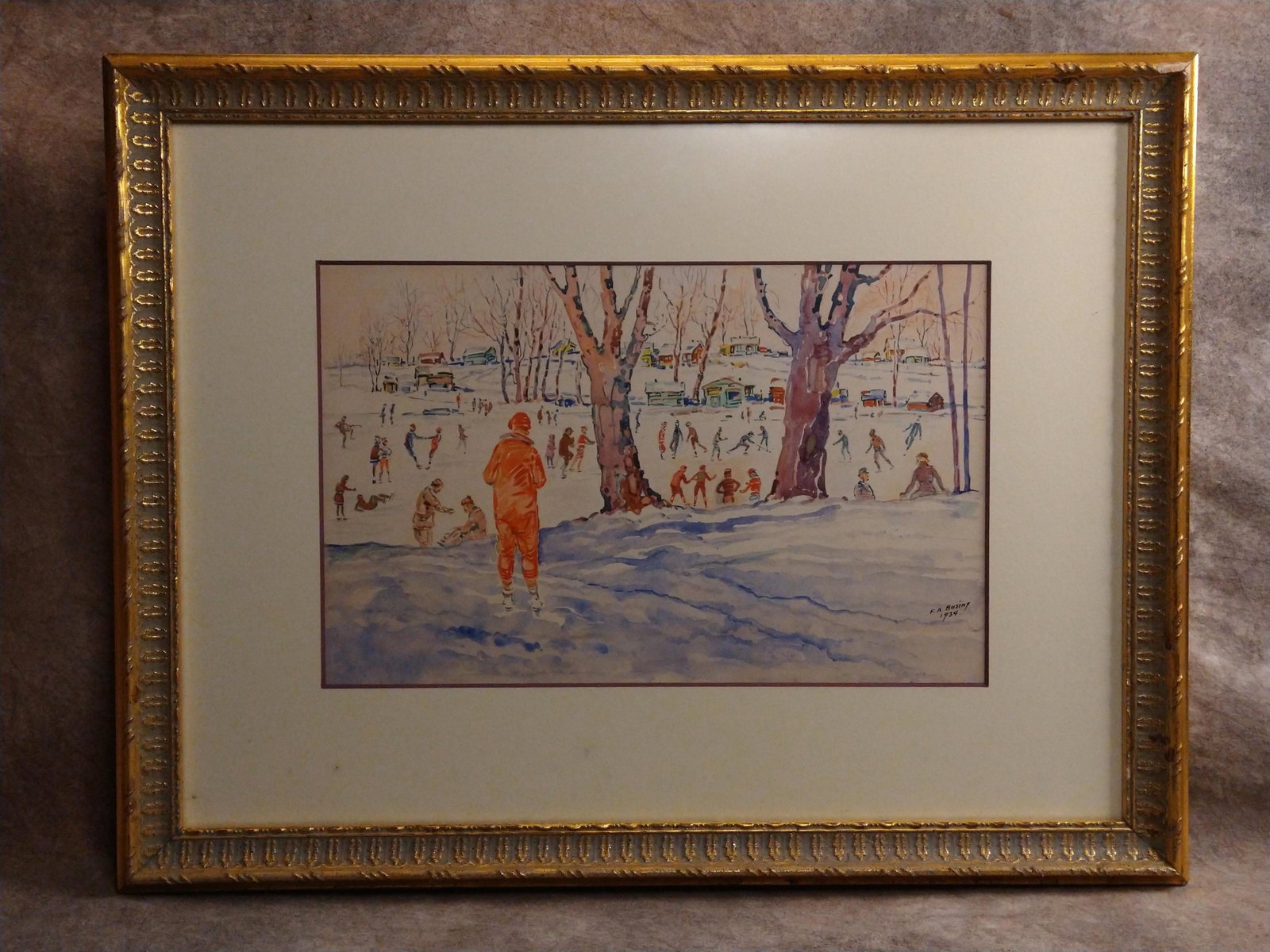 Ferdinand A. Busing American Artist WPA Era New York Central Park Ice Skaters: Ferdinand A. Busing American Artist WPA Era New York Central Park Ice Skaters, 7 x 11", 13 3/4 x 17 3/4" framed Ferdinand Busing was born in Brooklyn and came to Staten Island in 1902. Mr. Busing work