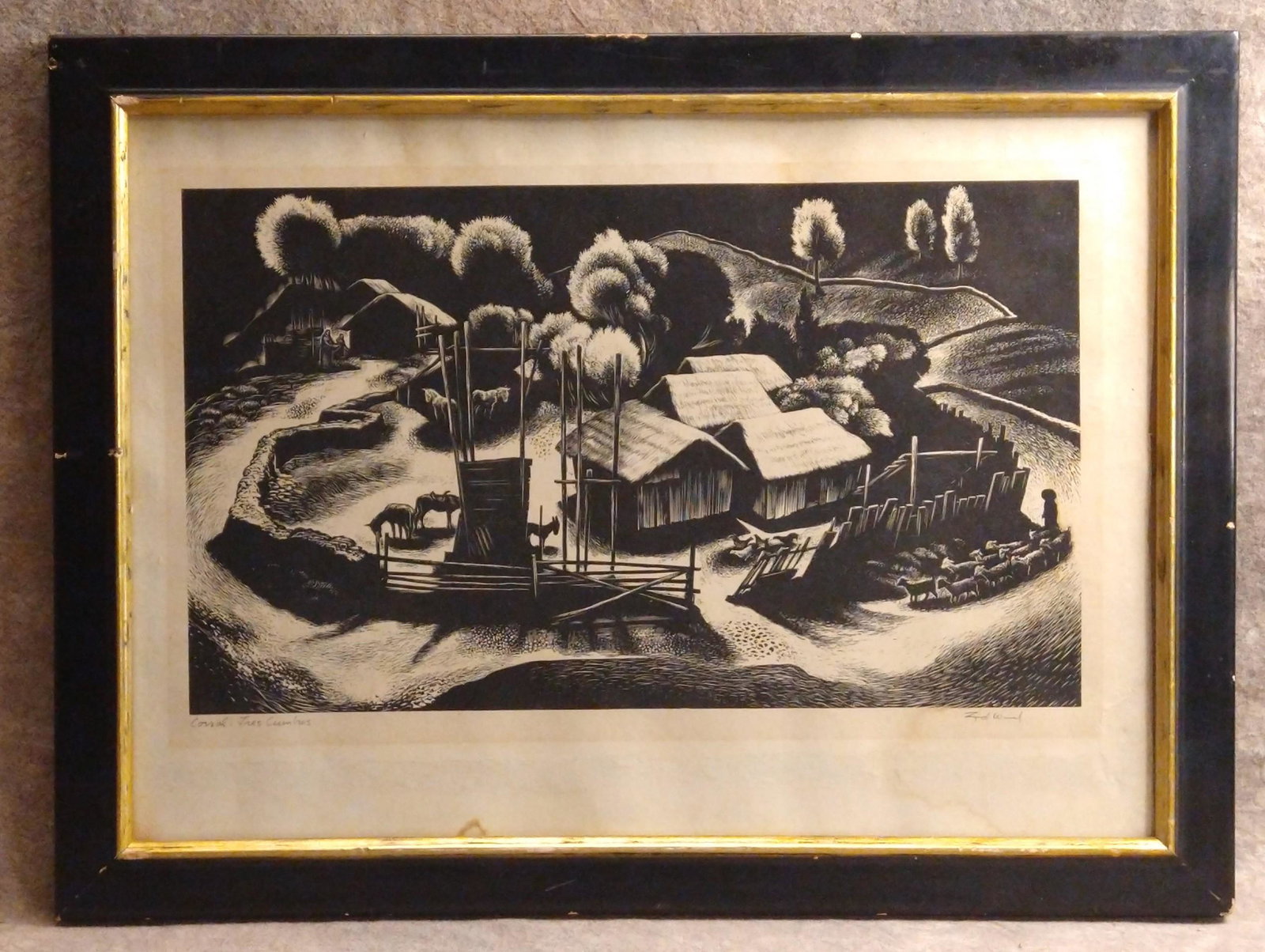 Lynd Kendall Ward Amerian Artist Wood Engraving Signed: Lynd Kendall Ward Amerian Artist Wood Engraving Signed , Corral,Tres Cumbres, 7 1/2 x 12 1/4", 11 3/4 x 15 3/4" framed Lynd Kendall Ward was an American artist and storyteller, and son of Methodist mi