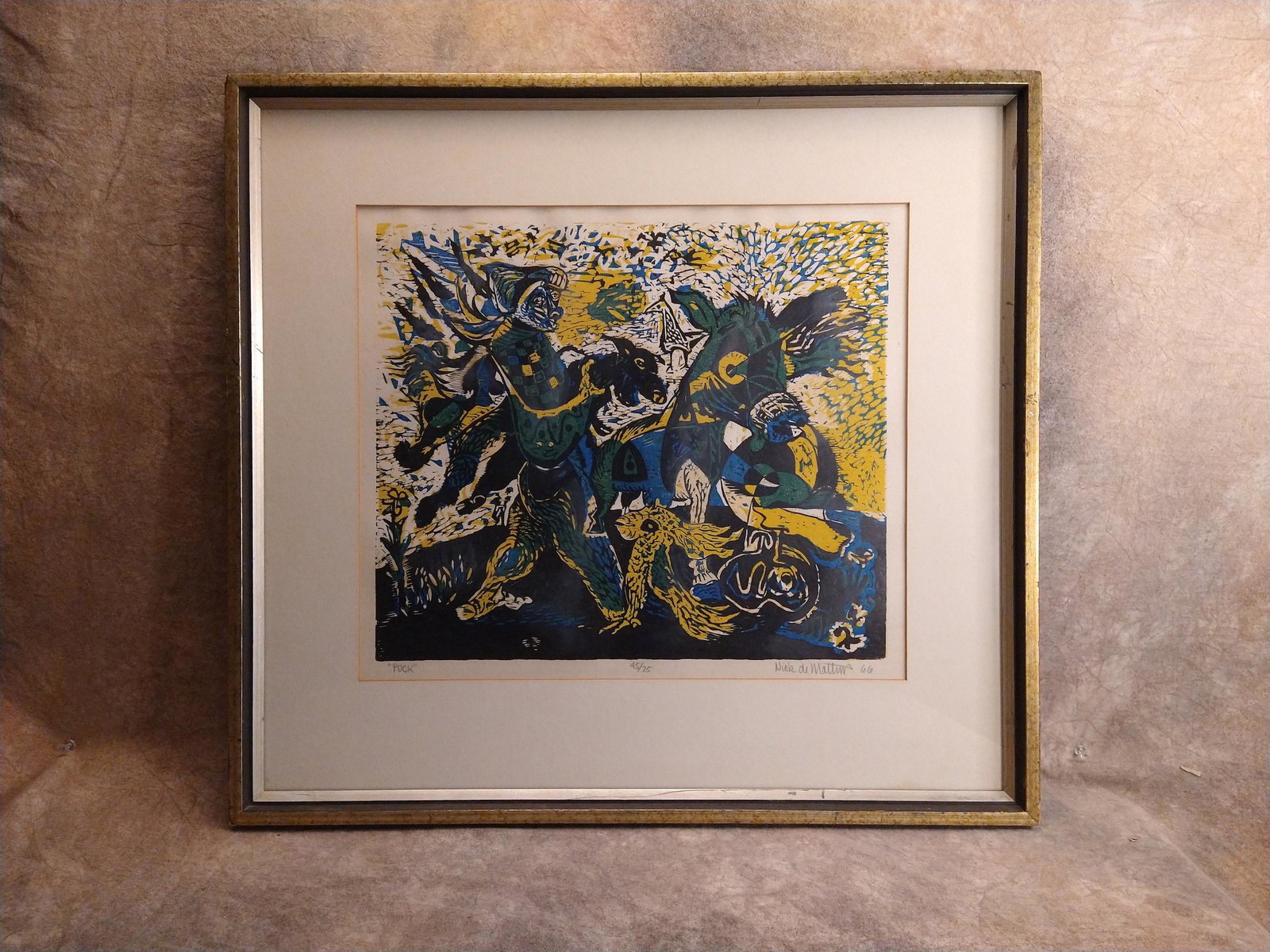 Nick Frank De Matties American Artist Hawaii California Oregon Original Colored Woodcut: Nick Frank De Matties American Artist Hawaii California Oregon Original Colored Woodcut, signed, 1966, Puck, 45/75, 14 1/4 x 16", 22 x 24" framed Nicholas Frank de Matties, painter, printmaker and tea