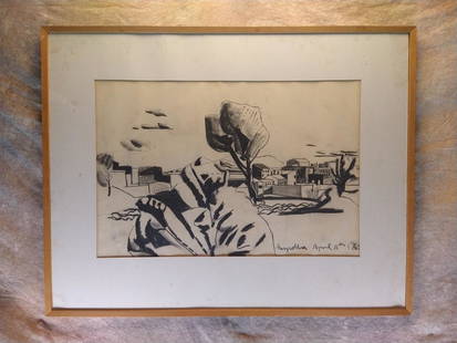 Michael Adams Artist Seychellois/British original Drawing East Africa: Michael Adams Artist Seychellois/British original Drawing East Africa, signed lower right and titled, dated 1963, also, signed, addressed, dated and titled on verso 14 1/2 x 21 1/2", 24 x 30 1/2" fram