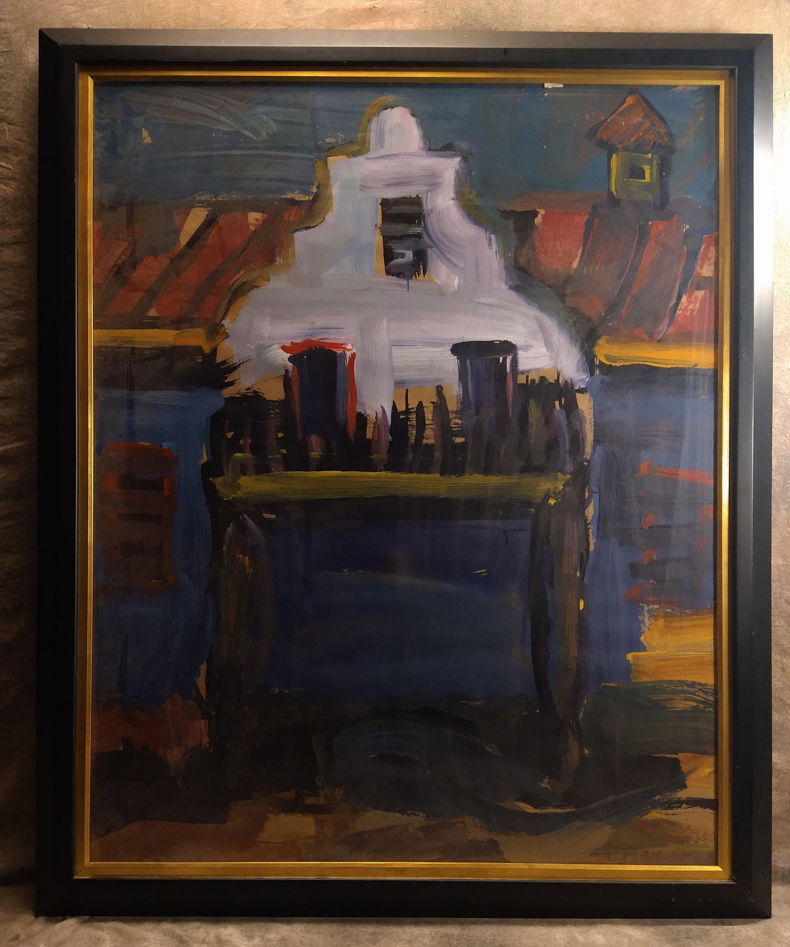American Artist Expressionist Oil Illegible signature: American Artist Abstract Expressionist Oil painting on paper Illegible signature possibly Southwestern Scene, signed lower right, 41 1/2 x 33", 48 x 39 1/4" framed.