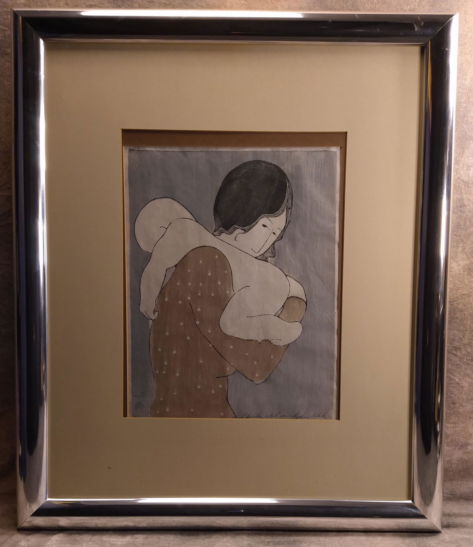Stephen White American Artist North Carolina Hand Signed Woodblock: Stephen White American Artist North Carolina Hand Signed Woodblock , 179/200, entitled "Lady Holding a Baby", 21 x 16", 38 1/2 x 33" Framed..Stephen White, a North Carolina painter, was initially insp