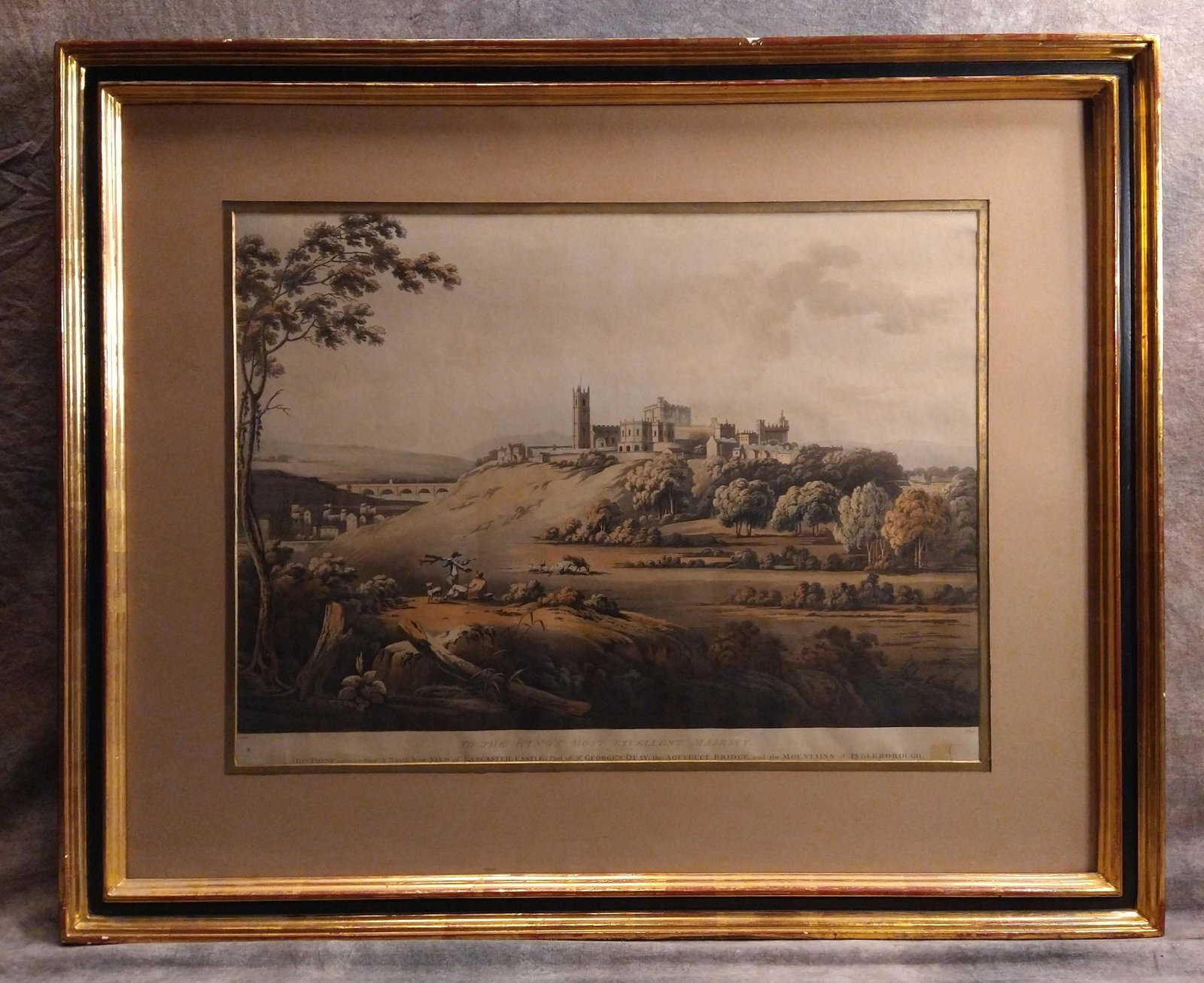 Antique John Bluck British Artist 1802 Aquatint Lancaster Castle: Antique John Bluck British Artist 1802 Aquatint Lancaster Castle A Southwest View of Lancaster Castle, part of St. George's Quay. The Aqueduct Bridge and Muntains of Ingleborough, John Bluck, active 1