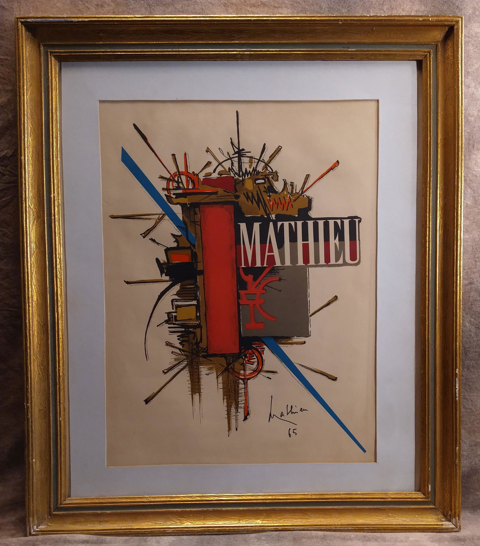 Georges Mathieu French Artist Abstract Lithograph Hand Signed: Georges Mathieu French Artist Abstract Lithograph Hand Signed 25 3/4 x 18 3/4", 34 1/2 x 29 1/2" FramedArtist's proof of a lithograph signed in black marker by the artist and dated 1965Georges Mathieu