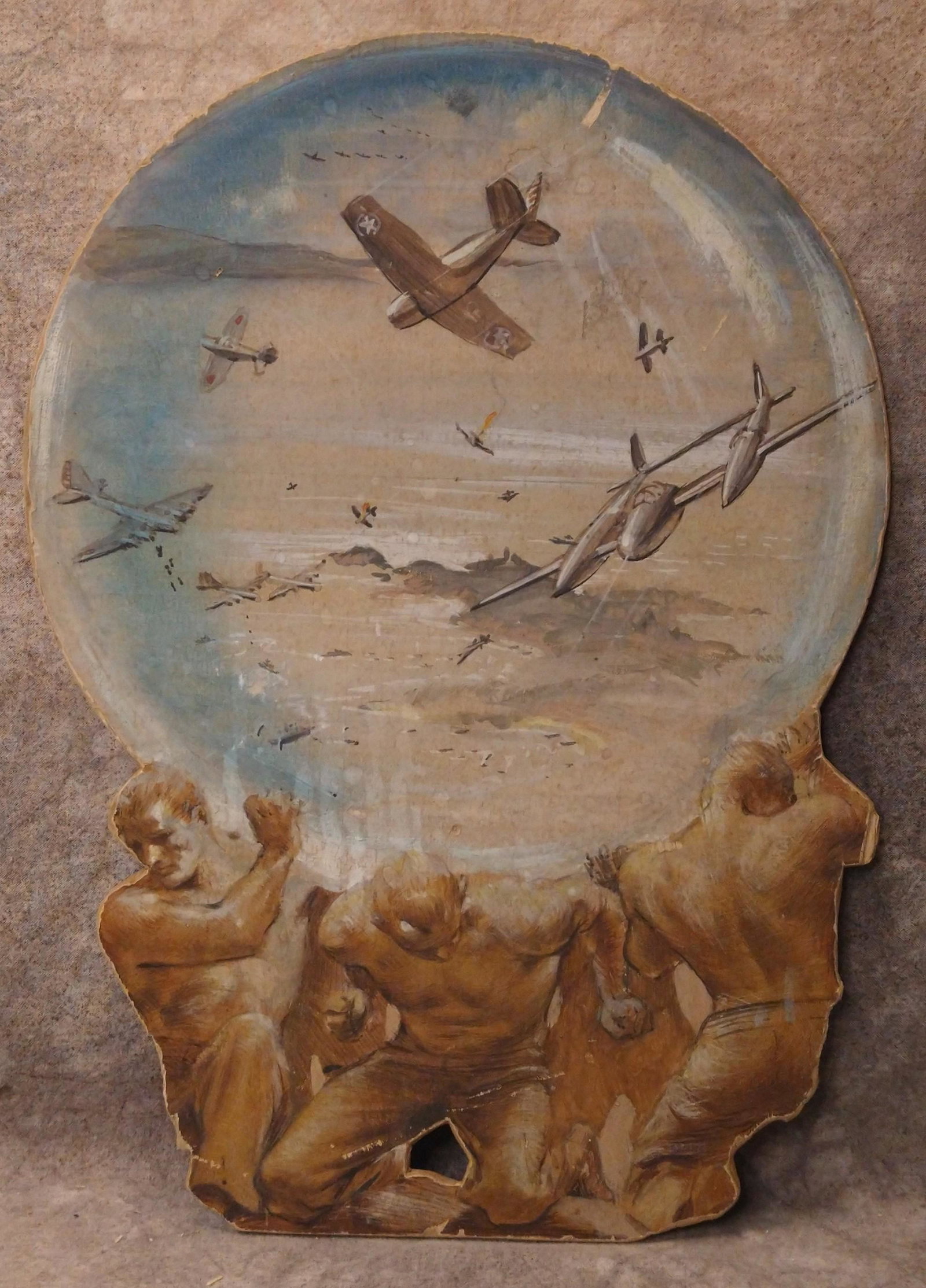 WPA Era American WWII study for a MuralSoldiers holding up the world during Wartime Original: WPA Era American WWII study for a Mural Soldier holding up the world during Wartime Original Painting.It looks to be the Pacific Theatre. It is Mixed-Media, possibly Egg Tempera.13 x 9"