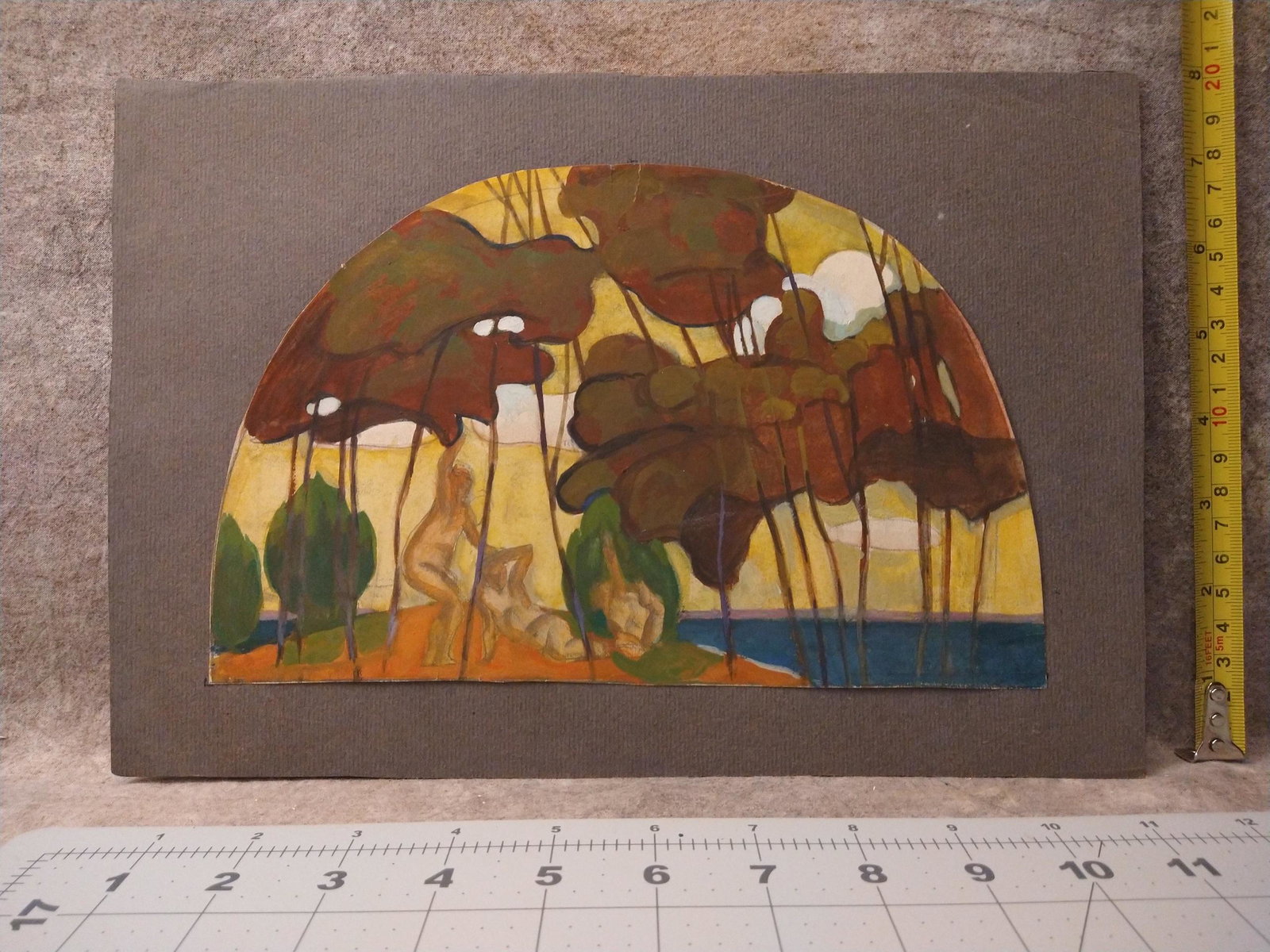 Attributed to Arthur Mathews American Artist Arts and Crafts Gouache California: Attributed to Arthur Mathews American Artist Arts and Crafts Gouache California, double-sided, other sided is a nightime water scene with a burning barge or houseboat. Not signed. 6 x 9 1/2" Idyll Sce