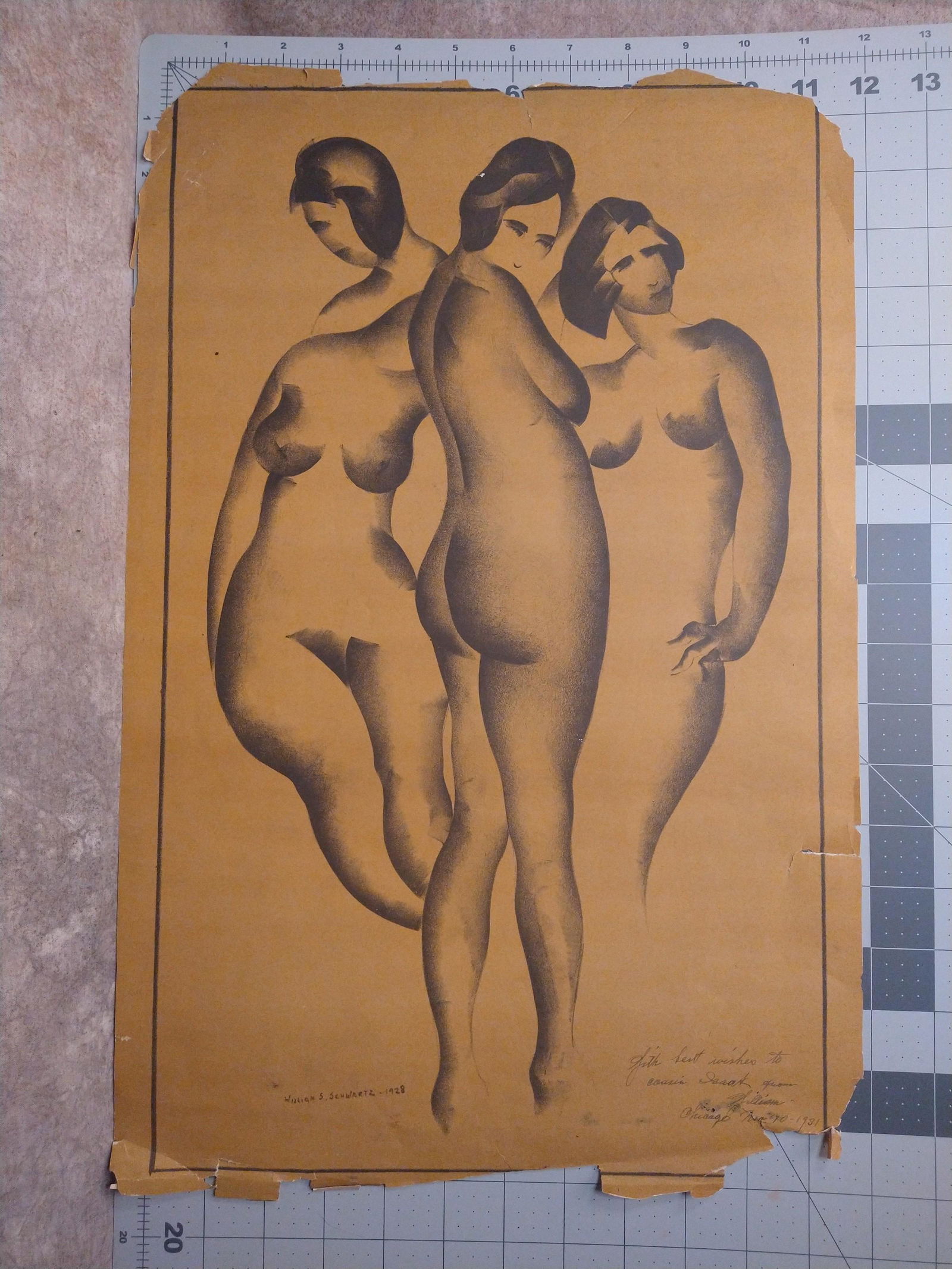 (3) William S. Schwartz American Artist Chicago Modernist Female Nudes Signed: (3) William S. Schwartz American Artist Chicago Modernist Female Nudes Signed, The first one depicts 3 Nudes done in a Modernist Style in graphite and is signed lower left and dated 1928, it is dedica