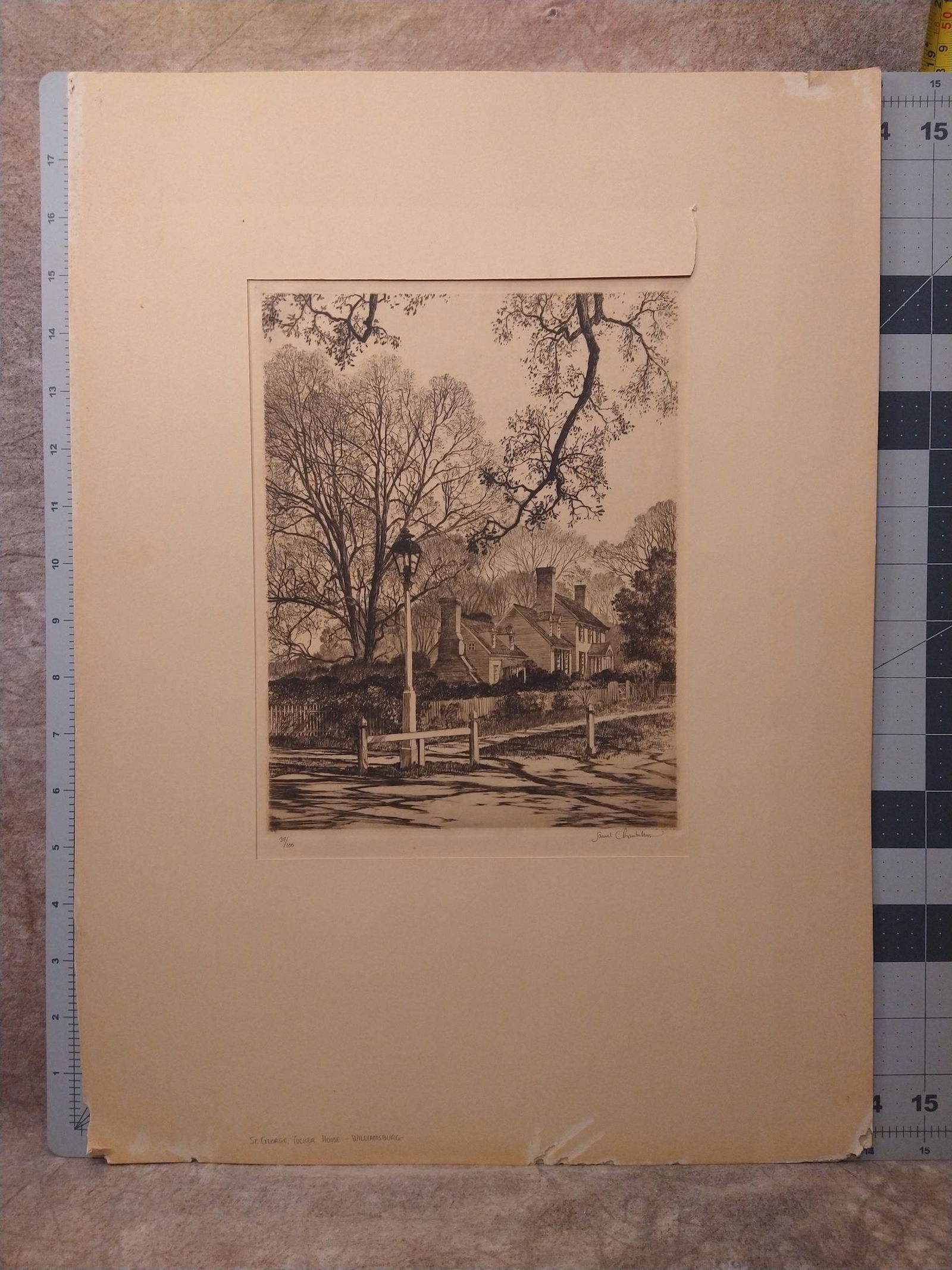 Samuel Chamberlain American Artist Masachusetts Williamsburg Virginia Etching Signed 2: Samuel Chamberlain American Artist Masachusetts Williamsburg Virginia Etching Signed, titled "St. George Tucker House",39/100, 10 x 7 1/2" image, 19 x 14" Matt.