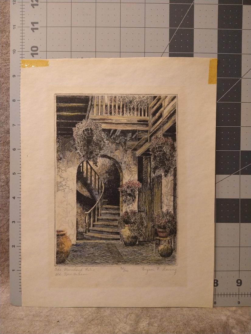 Eugene Loving American Artist New Orleans Hand Colored Etching Original Signed: Eugene Loving American Artist New Orleans Hand Colored Etching Original Signed, 7 x 5" image, 10 x 8" sheet. Gene Loving lived and worked in the New Orleans Vieux Carré (French for Old Quarter), 