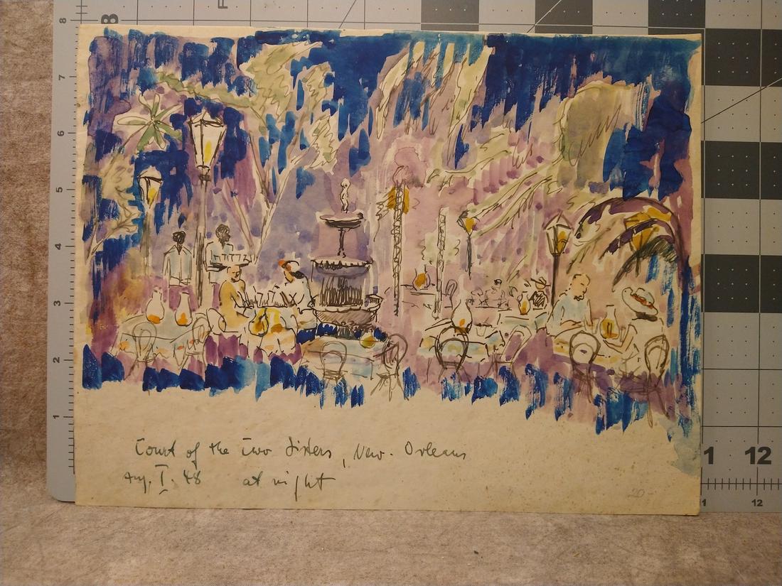 Early Impressionist watercolor of New Orleans American: Early Impressionist watercolor of New Orleans American, "Court of the Two Sisters, New Orleans at Night, dated lower left, 9 x 11".