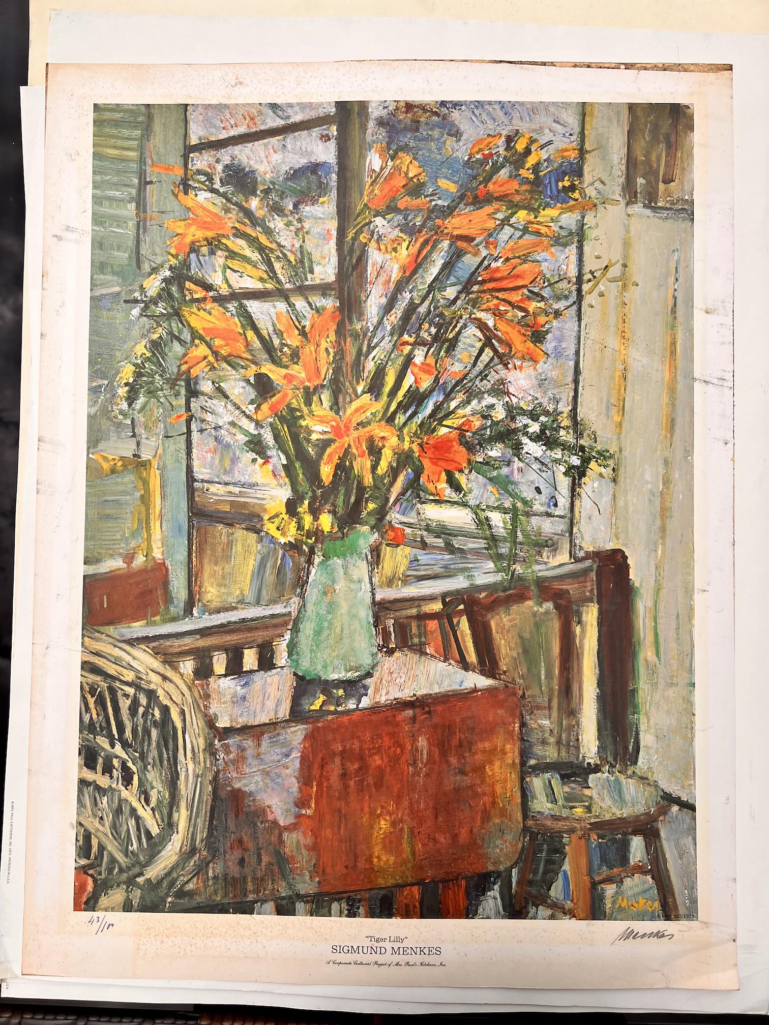 Sigmund Menkes Polish New York artist Signed and Numbered Print: Sigmund Menkes Polish New York artist Signed and Numbered Print, after painting in the Sara Lee Corporation, 1973, entitled "Tiger Lilly", 43/100 edition, 27 x 20 1/2"sheet.Menkes began his artistic s