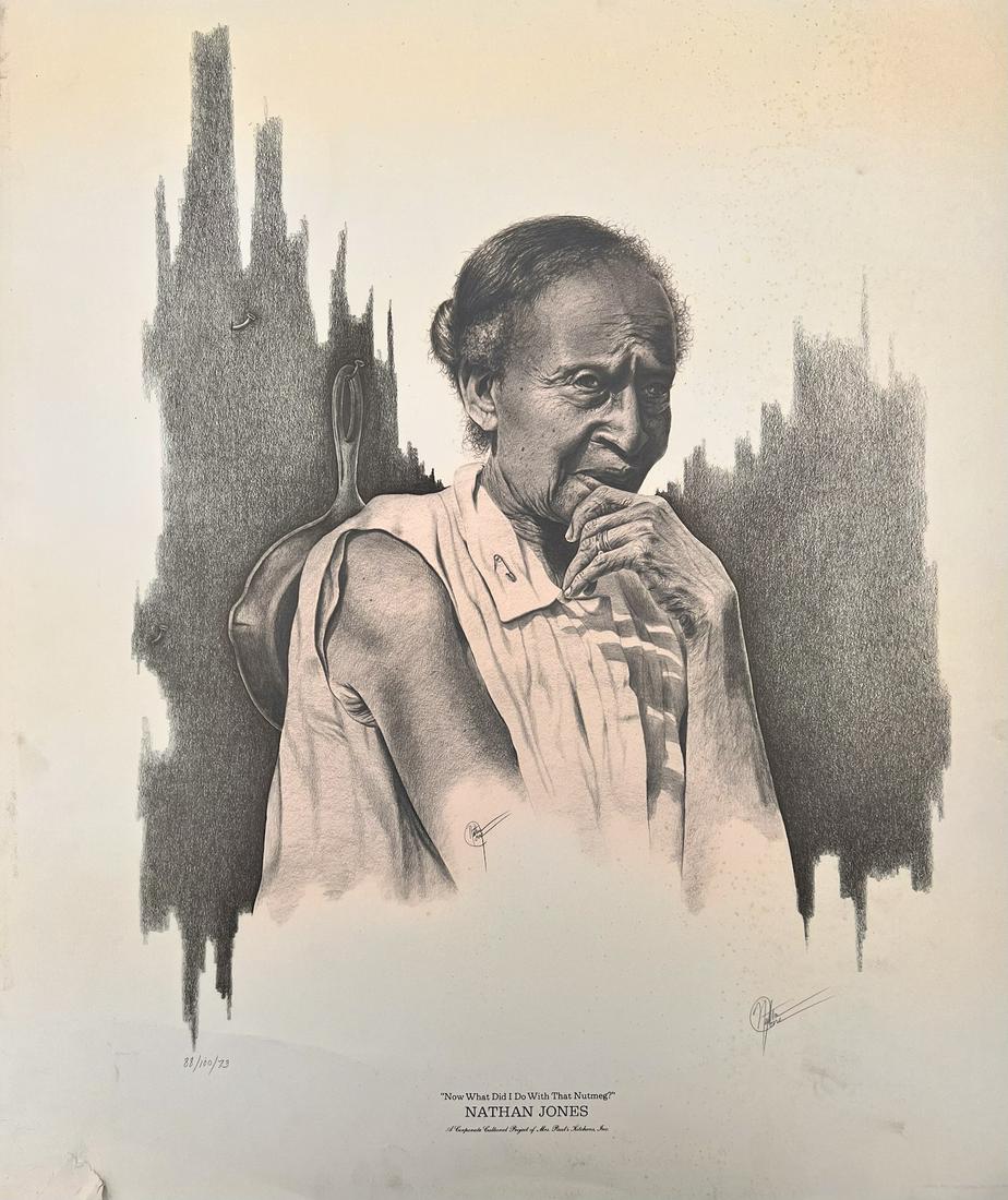 Nathan Jones African-American Artist Texas Signed and Numbered Print Early: Nathan Jones African-American Artist Texas Signed and Numbered Print Early, print from a painting in the Sara Lee Collection, 1973, "Now what did I do with that Nutmeg", 88/100, pencil signed.Artist a