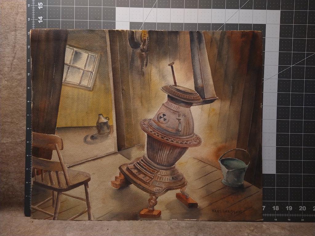 Karl Larsson American Artist Swedish New Mexico Original Watercolor Signed: Karl Larsson American Artist Swedish New Mexico Original Watercolor Signed "Interior Scene w/wood stove", modernist, circa 1920's, signed, 14 x 17"sheetKarl Larsson (1893 - 1967) was active/lived in N