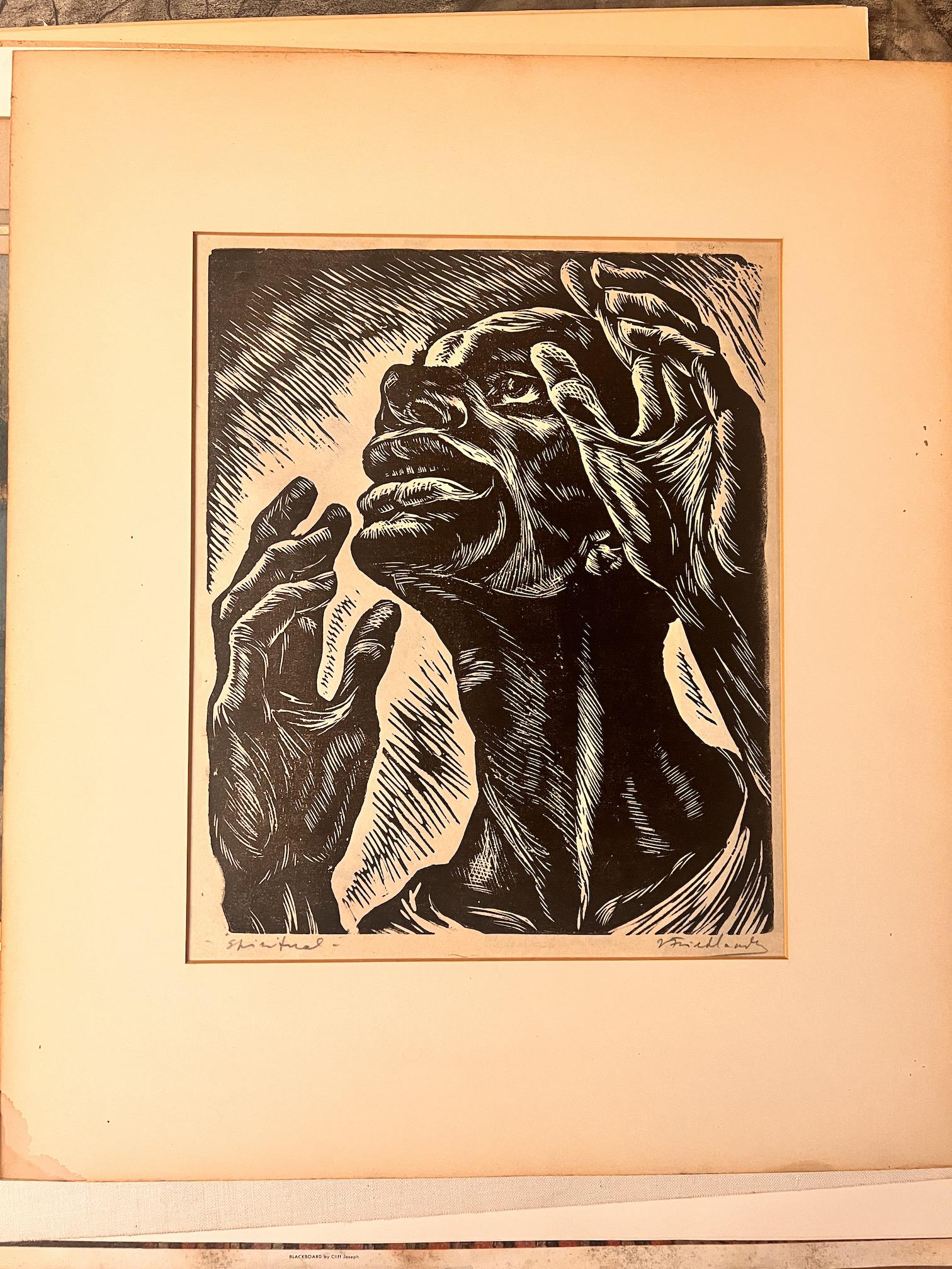 Isaac Friedlander American Artist New York woodcut signed and dated: Isaac Friedlander American Artist New York woodcut signed and titled, "Spiritual", 1940's, 12 3/4 x 10 6/8" image, 21 x 18" mat.orn in 1890 in Mitau, Latvia, Isac Friedlander, an outspoken opponent of
