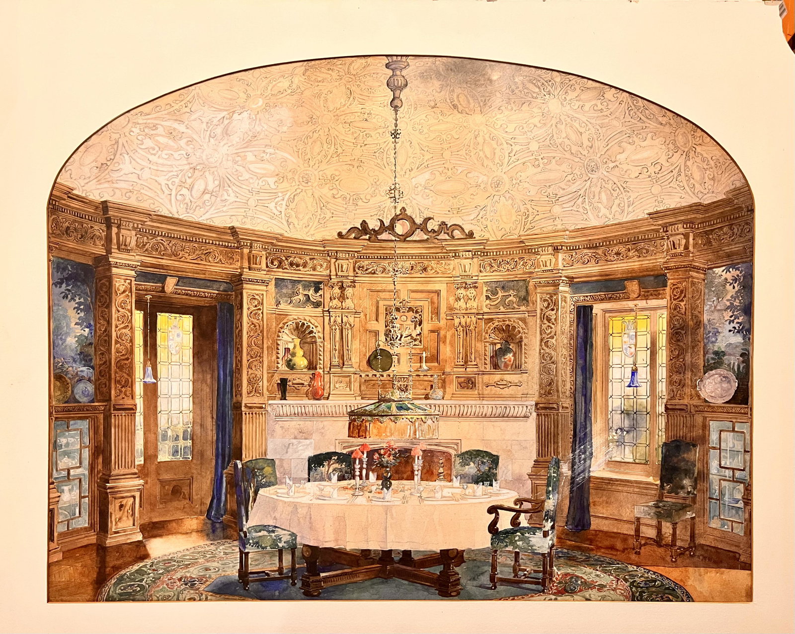 Architectural Rendering of a High Society Interior circa 1880 original watercolor large beautiful: Architectural Rendering of a High Society Interior circa 1880 original watercolor large beautiful, colorful, English or American , unsigned, 21 1/2 x 27 1/2" image, 25 x 32"