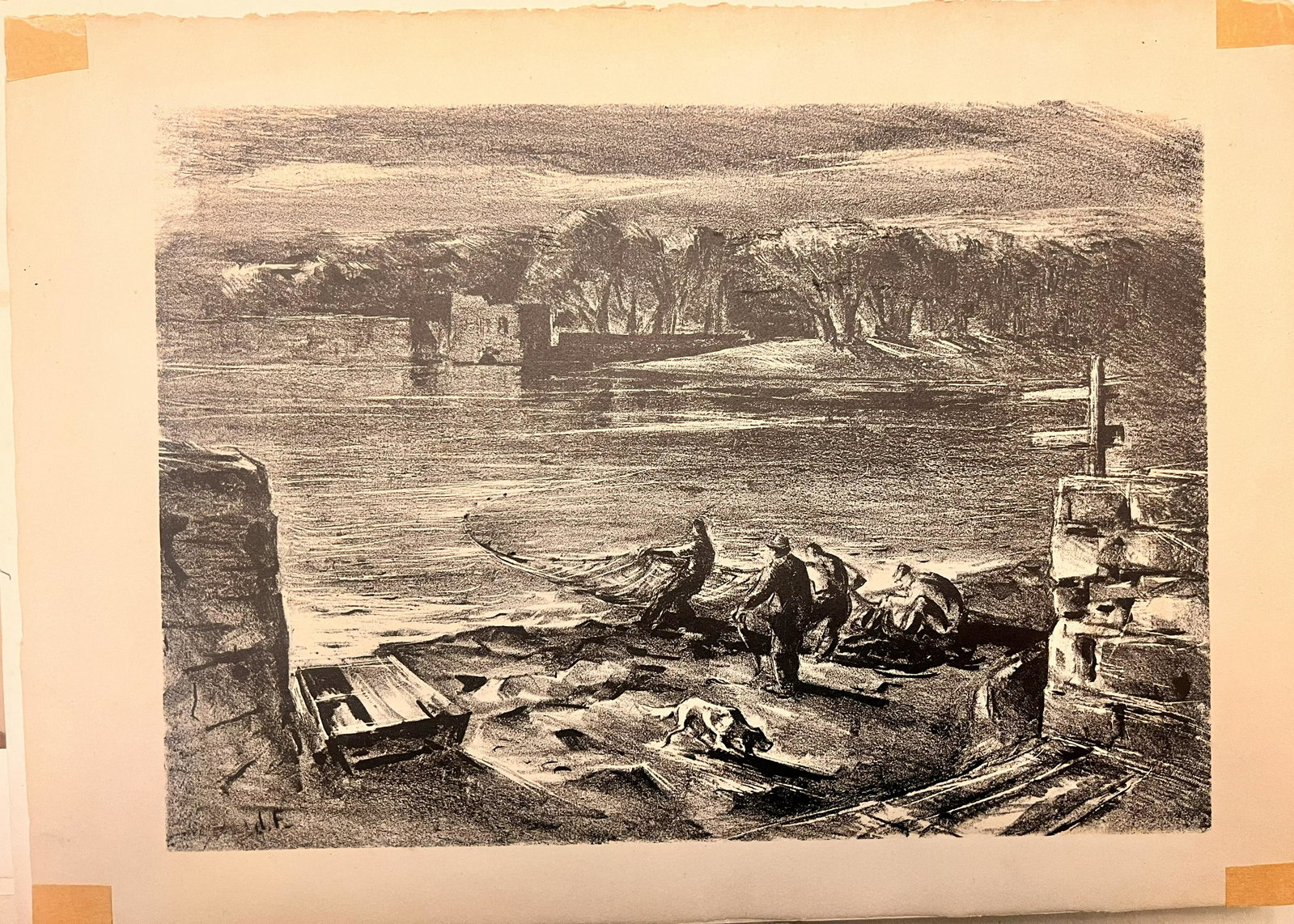 rare John Folinsbee American Artist New Hope Pennsylvania WPA Era signed lithograph,: rare John Folinsbee American Artist New Hope Pennsylvania hand initialed lithograph, "Shad Fishing on the Delaware", initialed by hand lower left, 11 3/8 x 16" sheet John Fulton "Jack" Folinsbee (Marc