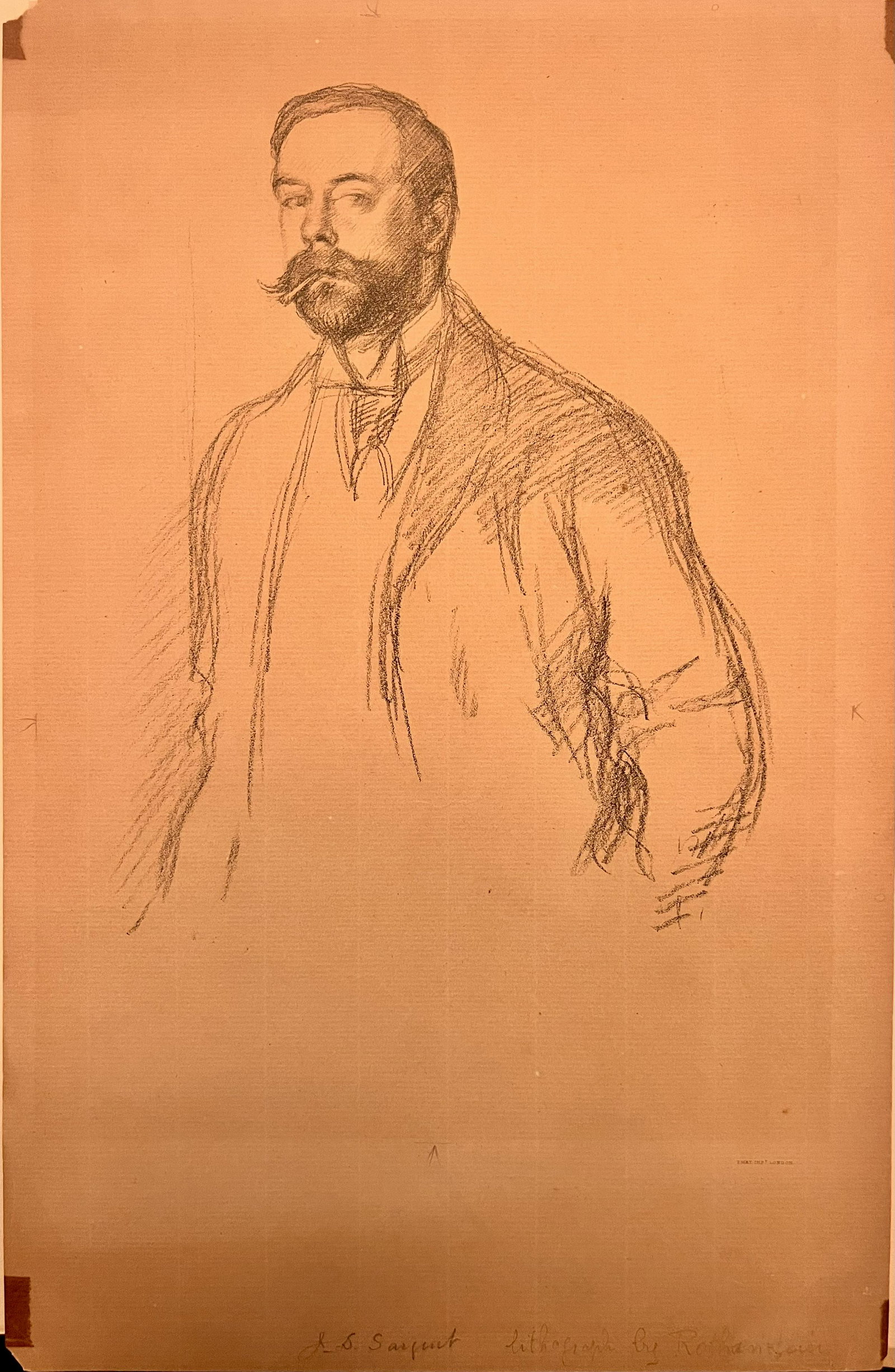 Rare Lithograph of John Singer Sargaent by English Artist Sir William Rothenstein: Rare Lithograph of John Singer Sargaent by English Artist Sir William Rothenstein, 14 1/2 x 9 1/2" sheet Sir William Rothenstein (29 January 1872 – 14 February 1945) was an English painter, prin