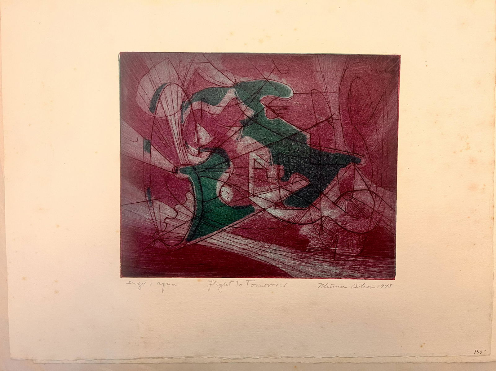 Rare Colored Etching Modern Abstract Expressionist by American Artist Minna Citron 1948: Rare Colored Etching Modern Abstract Expressionist by American Artist Minna Citron 1948 , "Flight to Tomorrow", 11 1/4 x 15" sheetBorn in New Jersey but raised in Brooklyn, Minna Wright was the much-d