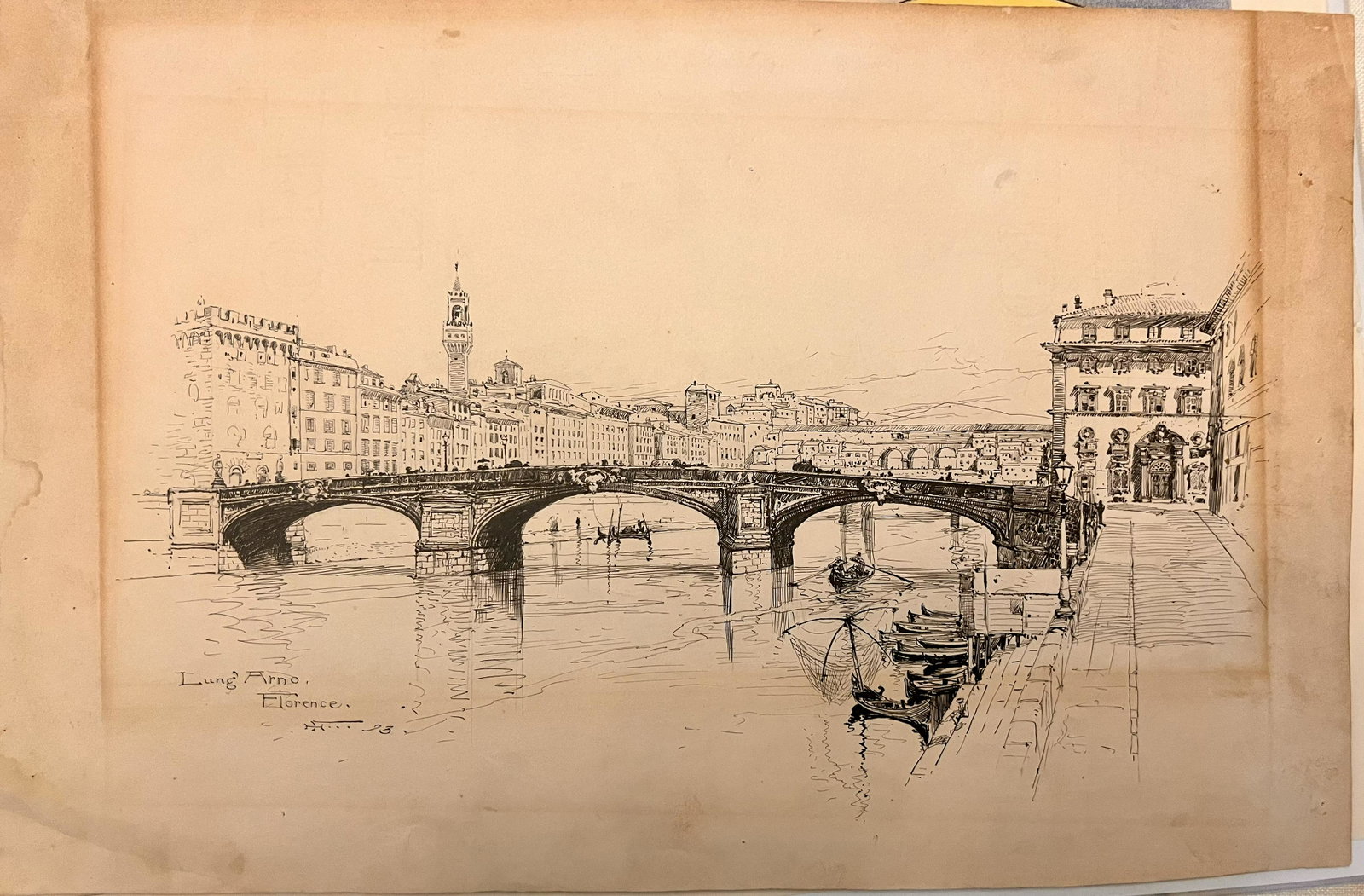 Harry Fenn American Artist Ink Drawing of Italy Signed Illustration 1893: Harry Fenn American Artist Ink Drawing of Italy Signed Illustration 1893, 10 1/8 x 15 1/2" sheet, entitled "Lung, Arno, Florence, H.Fenn, 1893. An illustrator for William Cullen Bryant's book Pictures