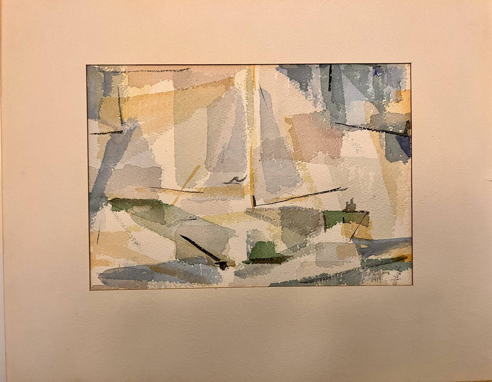 Ted Davis American Artist New York Maine Original abstract watercolor 1959: Ted Davis American Artist New York Maine Original abstract watercolor 1959, possibly Monhegan, signed and dated 1959, scene of rocks and sailboat. Ted Davis was born in New York City in 1908 and began