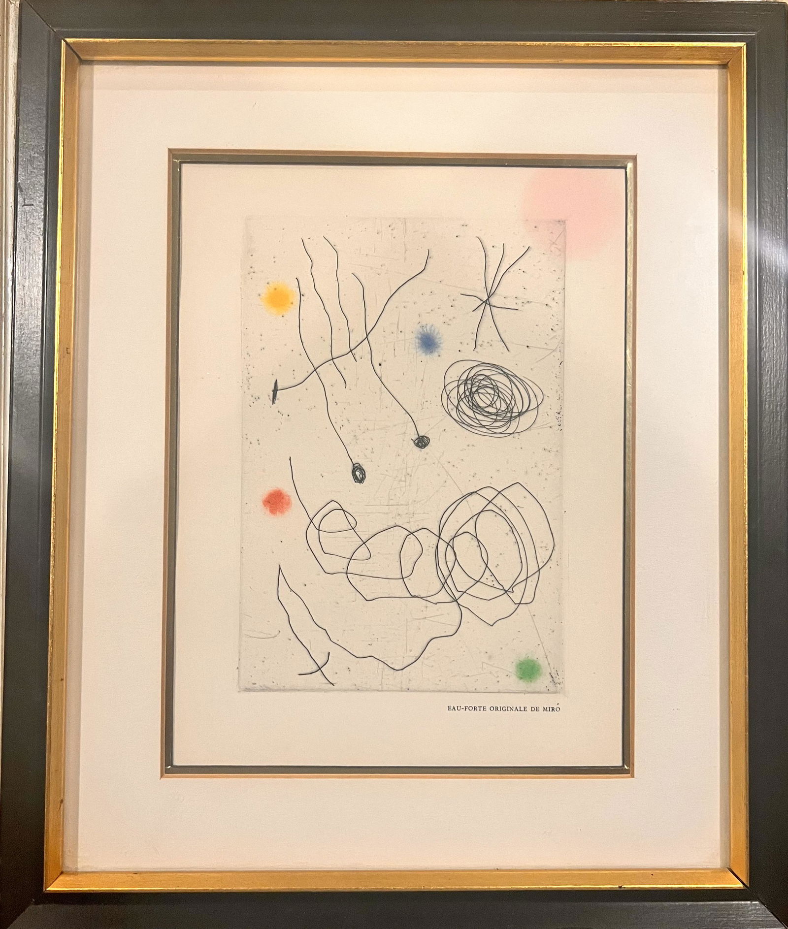 Joan Miro French Artist Orginal Etching and Aquatint with Hand coloring: Joan Miro French Artist Orginal Etching and Aquatint with Hand coloring, "La Chouette et l'escargot" with handcoloring, 1964, 6 6/8 x 4 1/2" image, 12 1/2 x 10 1/2 framed.Joan Miró i Ferrà (