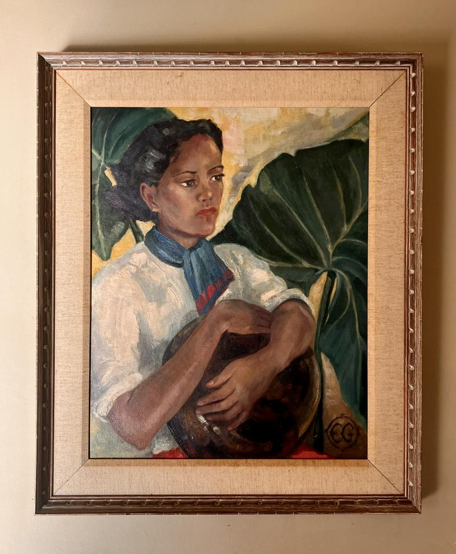 WPA Era Impressionist Hawaiian Islands Vintage Portrait of Woman Oil Painting Monogrammed: WPA Era Impressionist Hawaiian Islands Portrait of Woman Oil Painting Monogrammed, SLR, O/B, Signed verso Eleanor Green, Halekulani Hotel, which is on Honolulu, Hawaii, 24 x 19" Board, 29 1/2 x 24 1/2