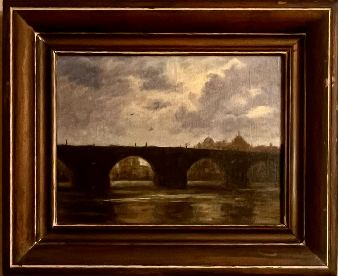 Antique Impressionist oil painting Waterloo Bridge England signed: Antique Impressionist oil painting Waterloo Bridge England, 9 x 12" canvas, 14 x 17" framed.