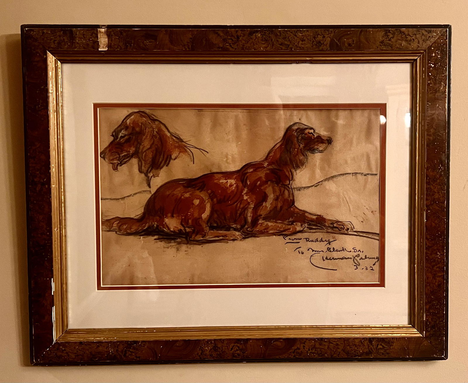 Herman Palmer New York/Utah watercolor of a Dog Irish Setter Signed 1932: Herman Palmer New York/Utah watercolor of a Dog Irish Setter Signed 1932, SLR, "To Ruddy", From Mr. Clark, Sr., Herman Palmer, 3/32, 10 x 15" image, 16 x 21" framed. Born in Farmington, UT, Palmer gre