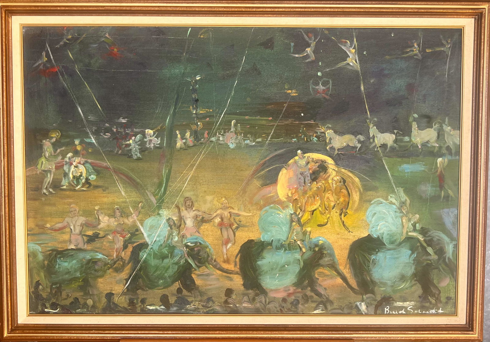 Bernard Schardt Vintage Wisconsin American Artist Expressionist Circus Scene Signed oil painting: Bernard Schardt Vintage American Artist Expressionist Circus Scene Signed oil painting, O/C, 24 x 36" 28 x 40 1/2" framed, SLR, Circus Scene, Rare, Museum Quality, Bernard P. Schardt was born in Milwa