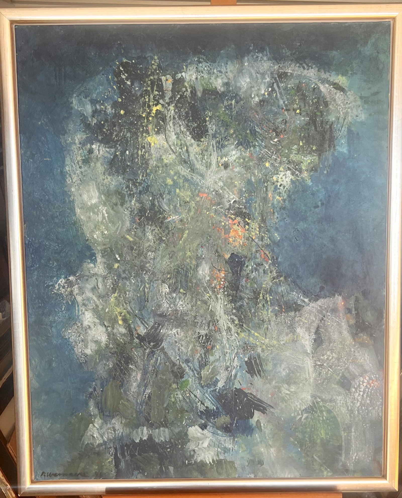 Pierre Wemaere Vintage Museum Quality French Artist Lyrical Abstract Expressionist Oil Painting: Pierre Wemaere Vintage Museum Quality French Artist Lyrical Abstract Expressionist Oil Painting, O/C, SLL, 36 X 28 1/2" 39 X 31 1/2" FRAMED, dated 1995, signed, dated and titled verso, Pierre WemaÃ«