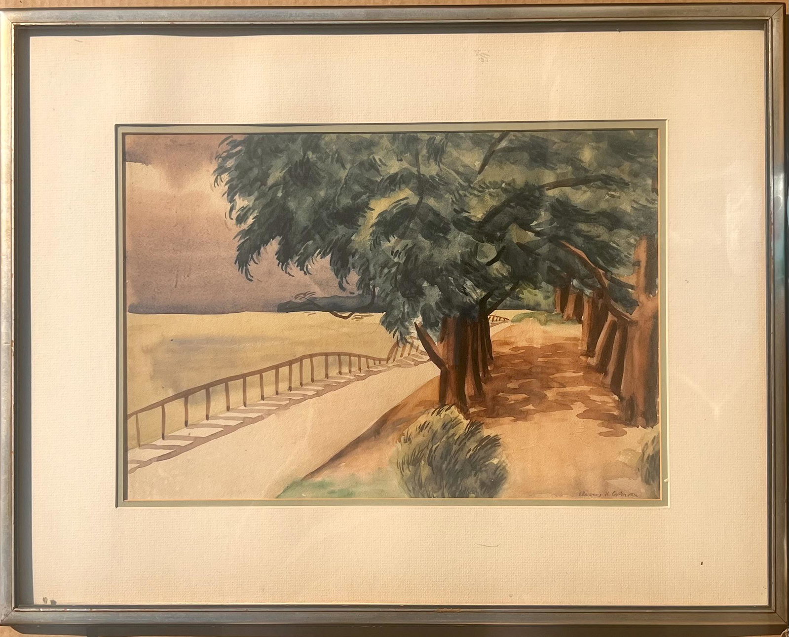 Clarence Carter Cleveland American Artist Vintage prewar Modernist Watercolor 1929 Landscape Signed: Clarence Carter American Artist Vintage Modernist Watercolor 1929 Landscape Signed, W/C/P, SLR, dated 1929, 13 1/4 x 20", 21 1/2 x 28" framed, It is laid down onto a piece of board. Clarence Carter, P