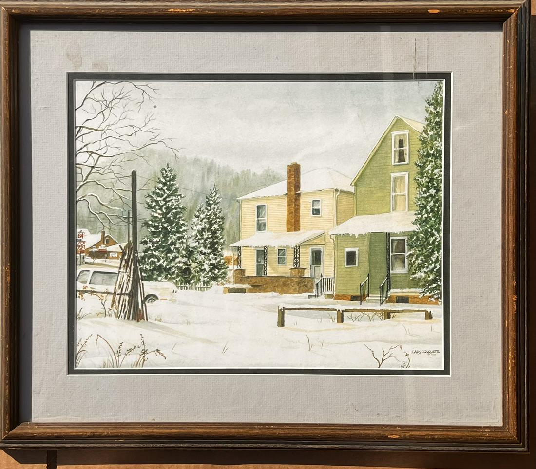 Vintage Gary Duquette American Artist watercolor signed Virginia: Vintage Gary Duquette American Artist watercolor signed Virginia, SLR, 2001, landscape in winter,10 1/2 x 13 1/2", 16 1/2 x 19" framed.