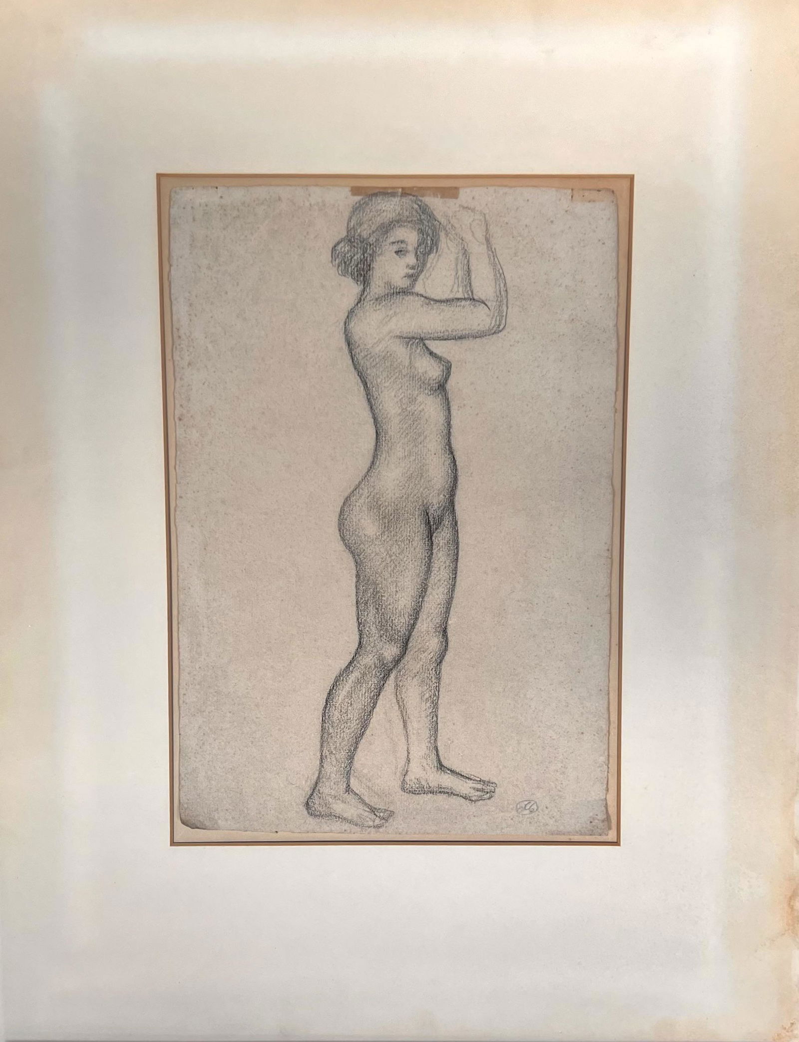 Antique French Modernist Drawing Aristide Maillol Female Nude Signed: Antique French Modernist Drawing Aristide Maillol Female Nude Signed, monogrammed lower right, 15 1/2 x 10 1/2 image, 26 x 20" mat, stamp and numbering verso. In 1881, Aristide Maillol moved to Paris,