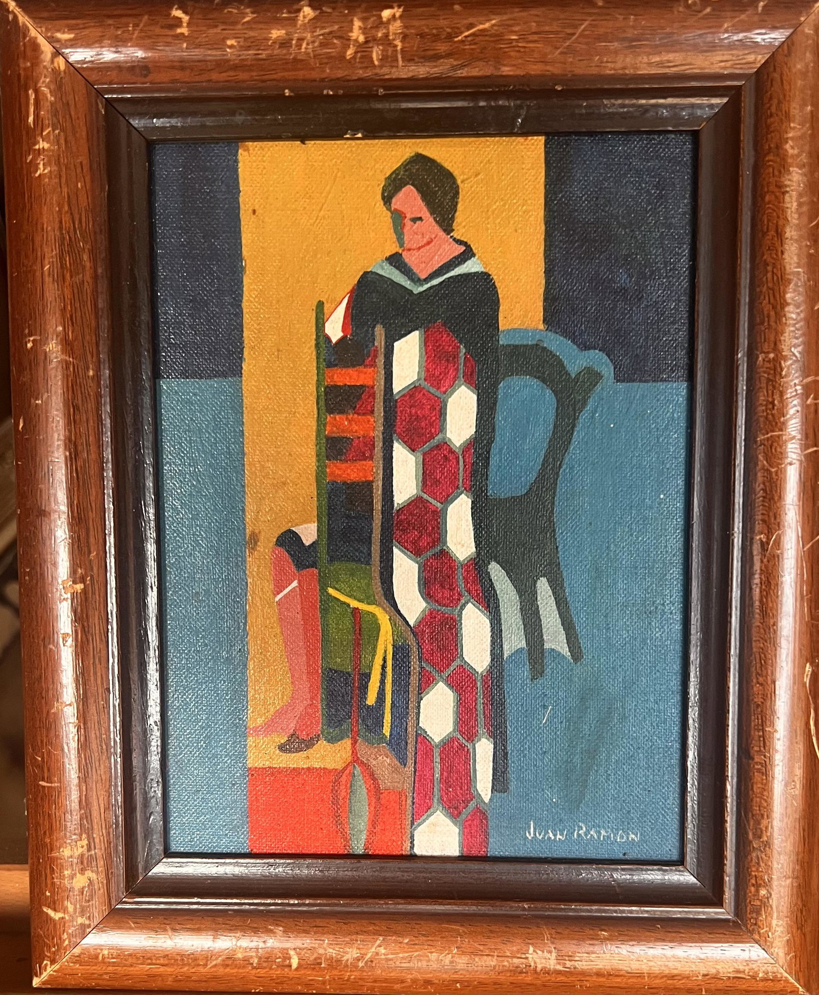 Vintage Spanish Artist Juan Navarro Ramon Cubist Modernist Oil Painting signed: Vintage Spanish Artist Juan Navarro Ramon Cubist Modernist Oil Painting, SLR, O/B, signed, 8 x 6" board, 11 x 9" framed. Juan Navarro RamÃ³n took this pictorial genre towards a spiritual essentialit