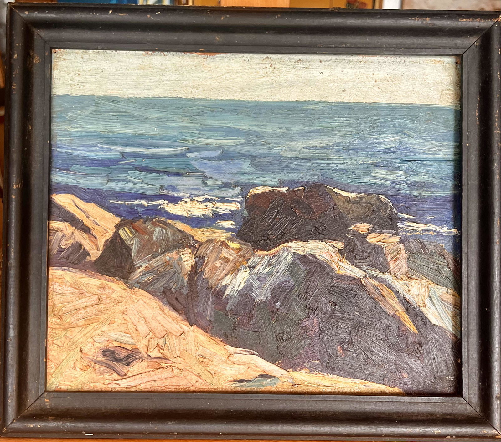 Early 20th Century Antique American Impressionist Rockport Masachusetts Scene Oil Painting Signed: Early 20th Century Antique American Impressionist Rockport Masachusetts Scene Oil Painting, O/B, signed verso, Paradise Rocks, Rockport, Mass., very powerful piece in person, 10 x 12" board, 12 1/4 x 