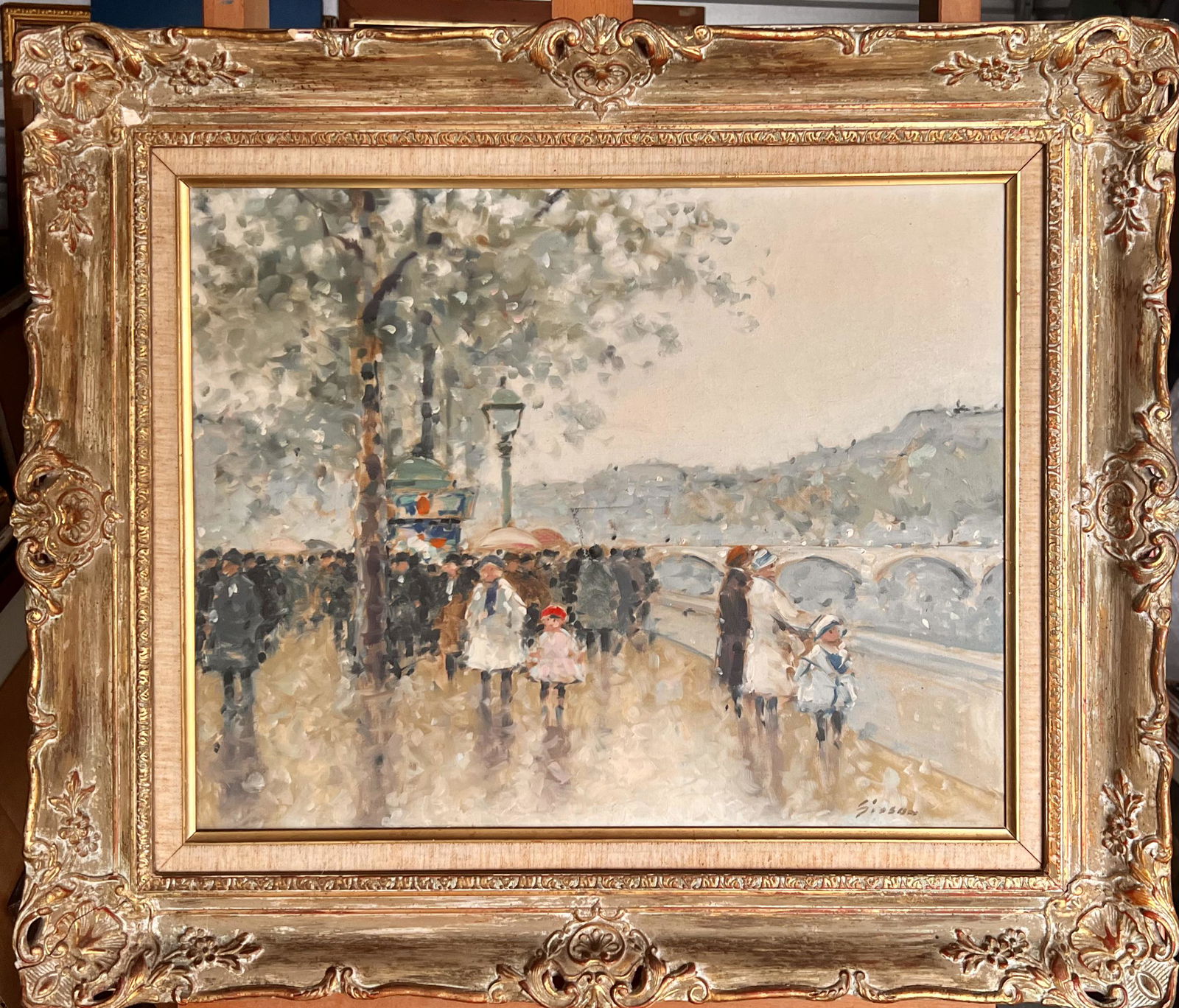 Vintage American Artist French Street Scene Andre Gisson Signed: Vintage American Artist French Street Scene Andre Gisson Signed, O/C, SLR, Ex. Newman Galleries, 16 x 20" canvas, 23 1/2 x 27" framed. Tear in center of canvas 1 1/2 x 1 1/2" inches Gisson's birth nam