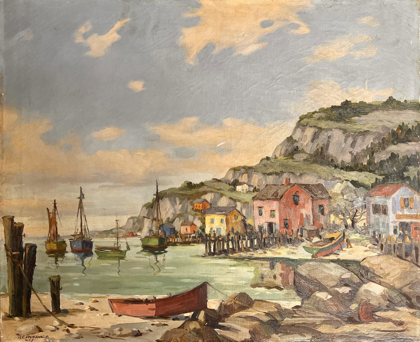 Vintage American Artist Impressionist Robert Connavale St. Ives Beach Scene Oil Painting: Vintage American Artist Robert Connavale St. Ives Beach Scene Oil Painting, SLL, dated 1945, 25 x 30" canvas. Robert Connavale (early 20th century) was active/lived in New York. Robert Connavale is kn