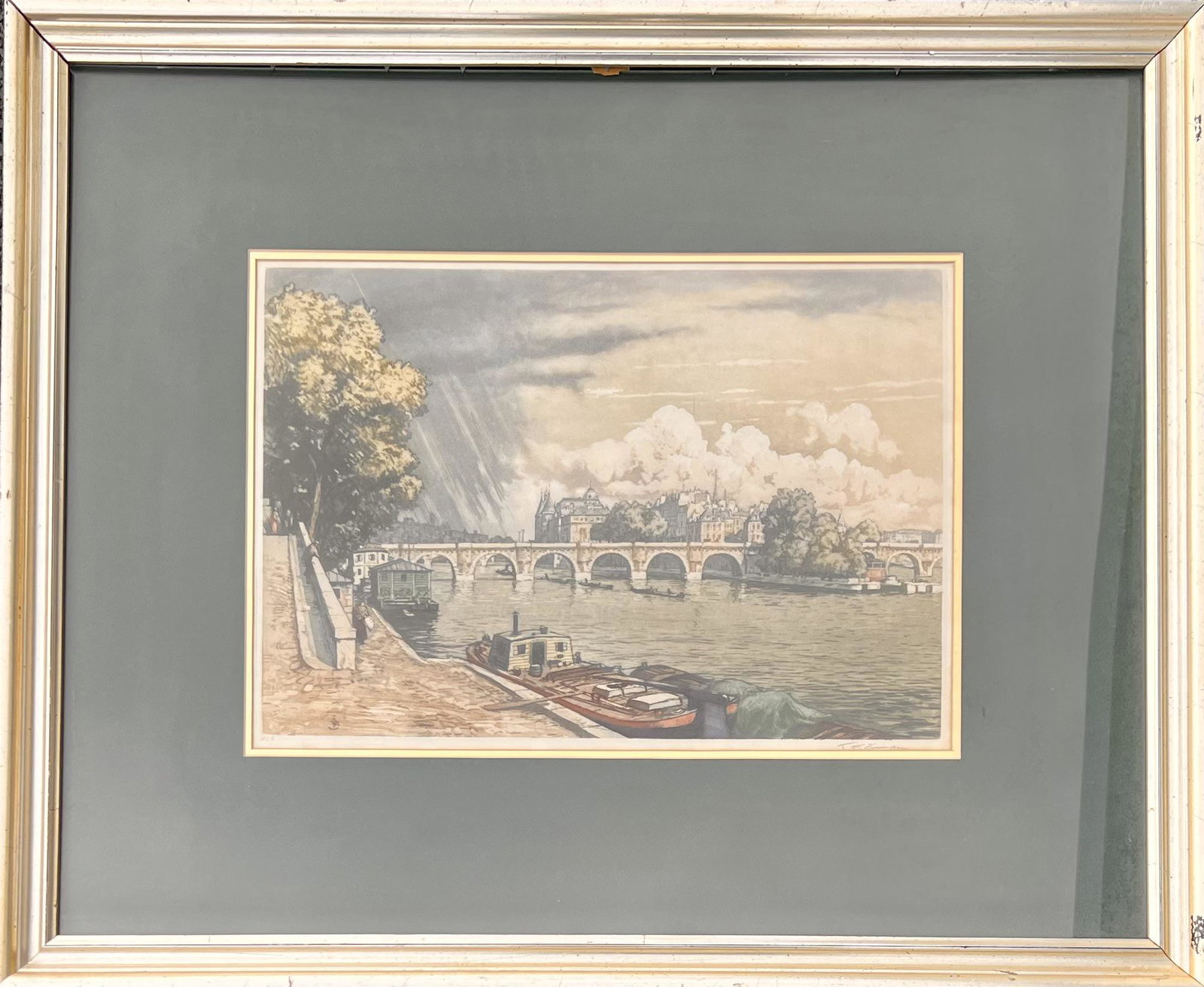 Antique French Impressionist Etching Tavik Frantisek Simon Signed: Antique French Impressionist Etching Tavik Frantisek Simon Signed, pencil signed lower right, edition lower left, "Paris on the Seine", Artist Proof, 18 1/4 x 13 1/4" sight, 26 x 31" framed.