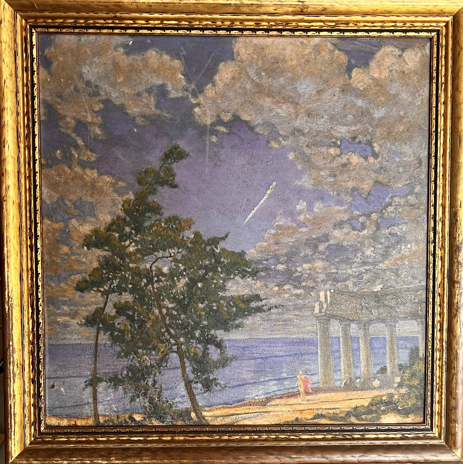 Antique American Impressionist Scene Oil Painting: Antique American Impressionist Oil Painting, Arcadian Scene, 20 x 20" sight, 23 1/2 x 23 1/2" framed