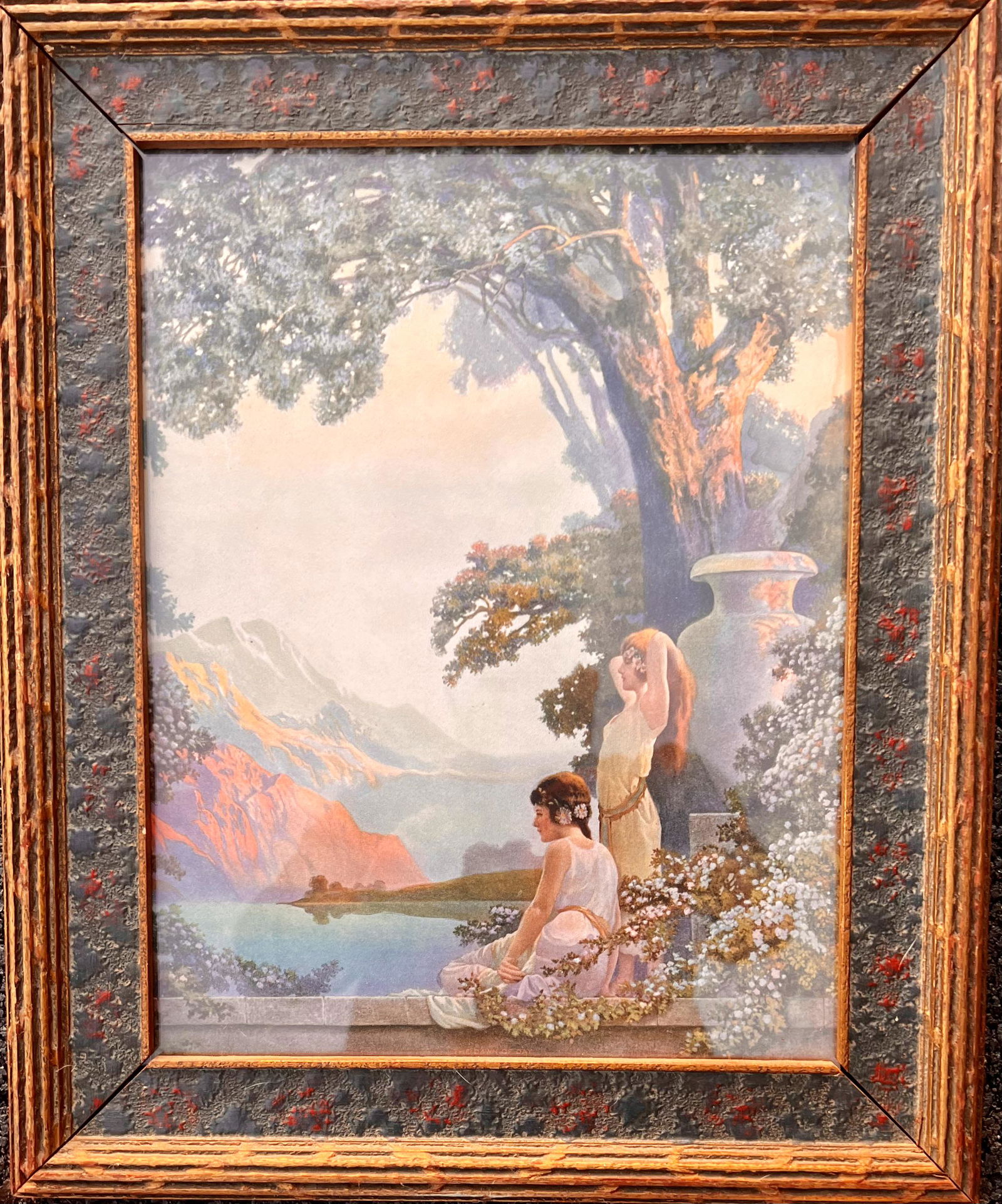 (3) Maxfield Parrish prints framed: (3) Maxfield Parrish prints framed, including Twilight from 1935. The horizontal print has some areas of scratches. Largest 11 1/2 x 34" framed