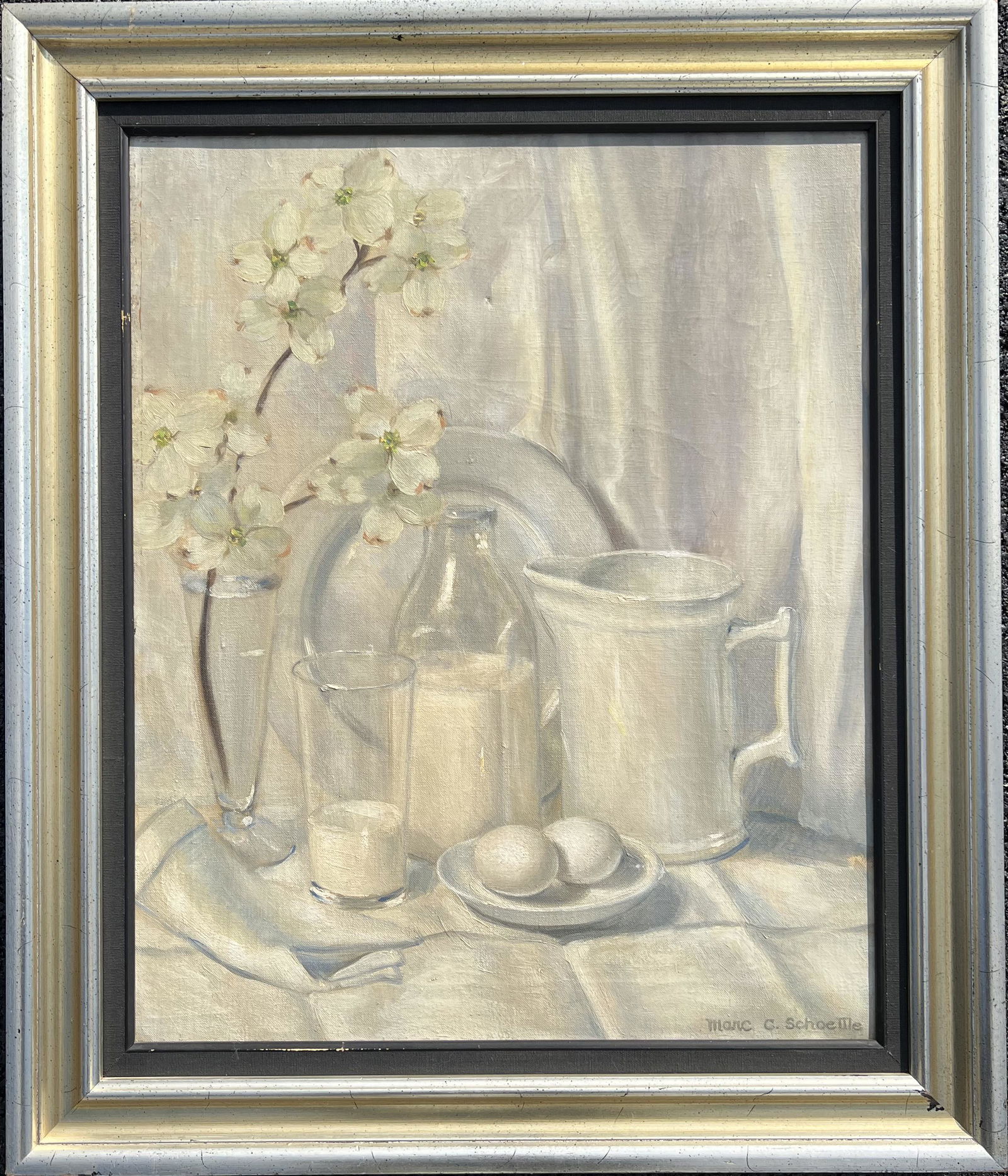 Vintage American Impressionist Pennsylvania Still Life Marc Schoettle Painting Signed: Vintage American Impressionist Pennsylvania Still Life Marc Schoettle Painting Signed, SLR, O/C, 22 x 18" canvas, 27 x 23" framed Mr. Schoettle was one of the area's best-known portraitists.Working in