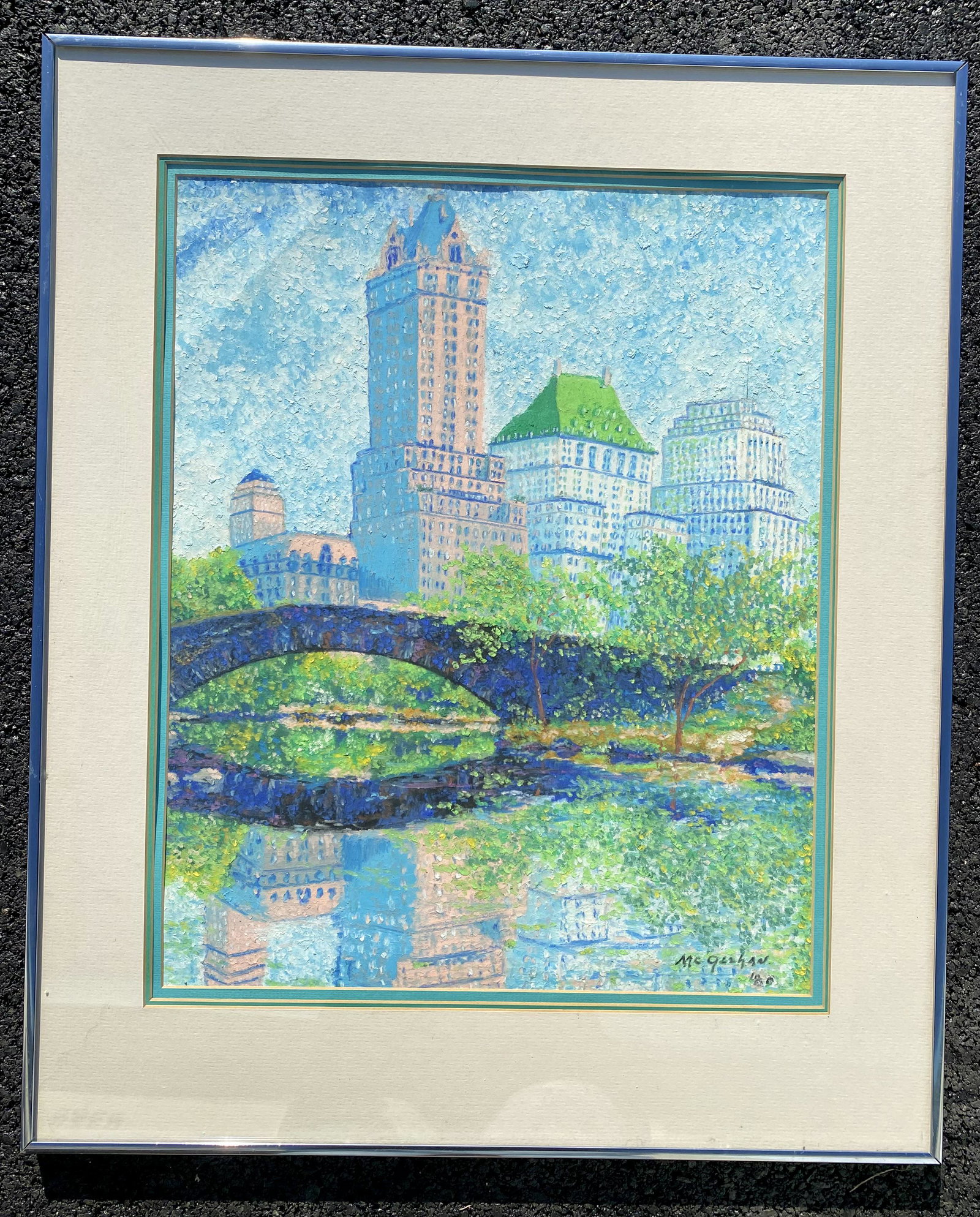 Vintage Modern American Artist New York City Scene Robert McGeehan Oil Painting: Vintage Modern American Artist New York City Scene Robert McGeehan Oil Painting, SLR, dated 1980, O/B, Central Park looking towards the City, 19 x 15 1/2" sight, 26 x 22" framed