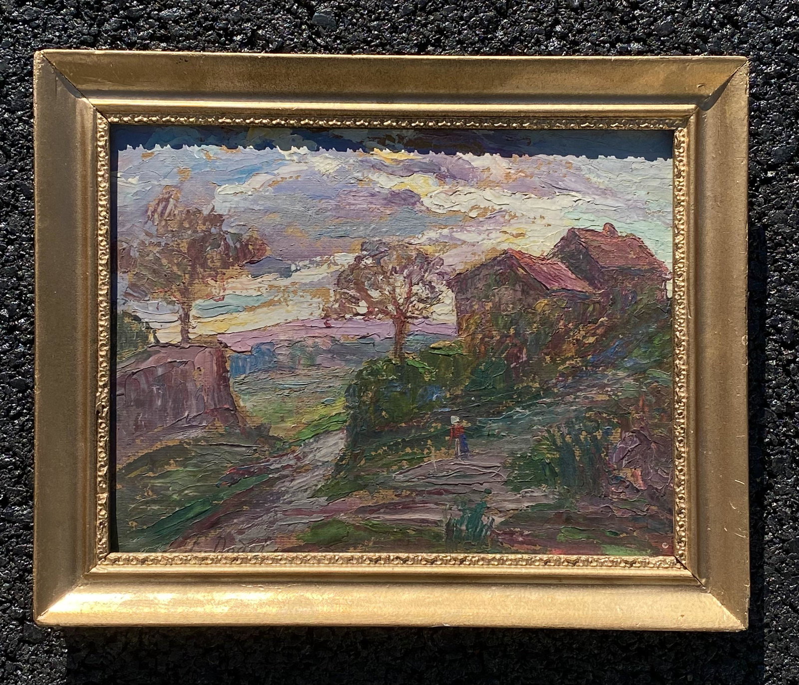 Antique French Impressionist Landscape Signed: Antique French Impressionist Landscape Signed, SLL, obscured by Frame, titled "Crouzol-Puy de Dome", O/B, 7 x 9 1/2 board, 8 1/2 x 10 1/2" framed